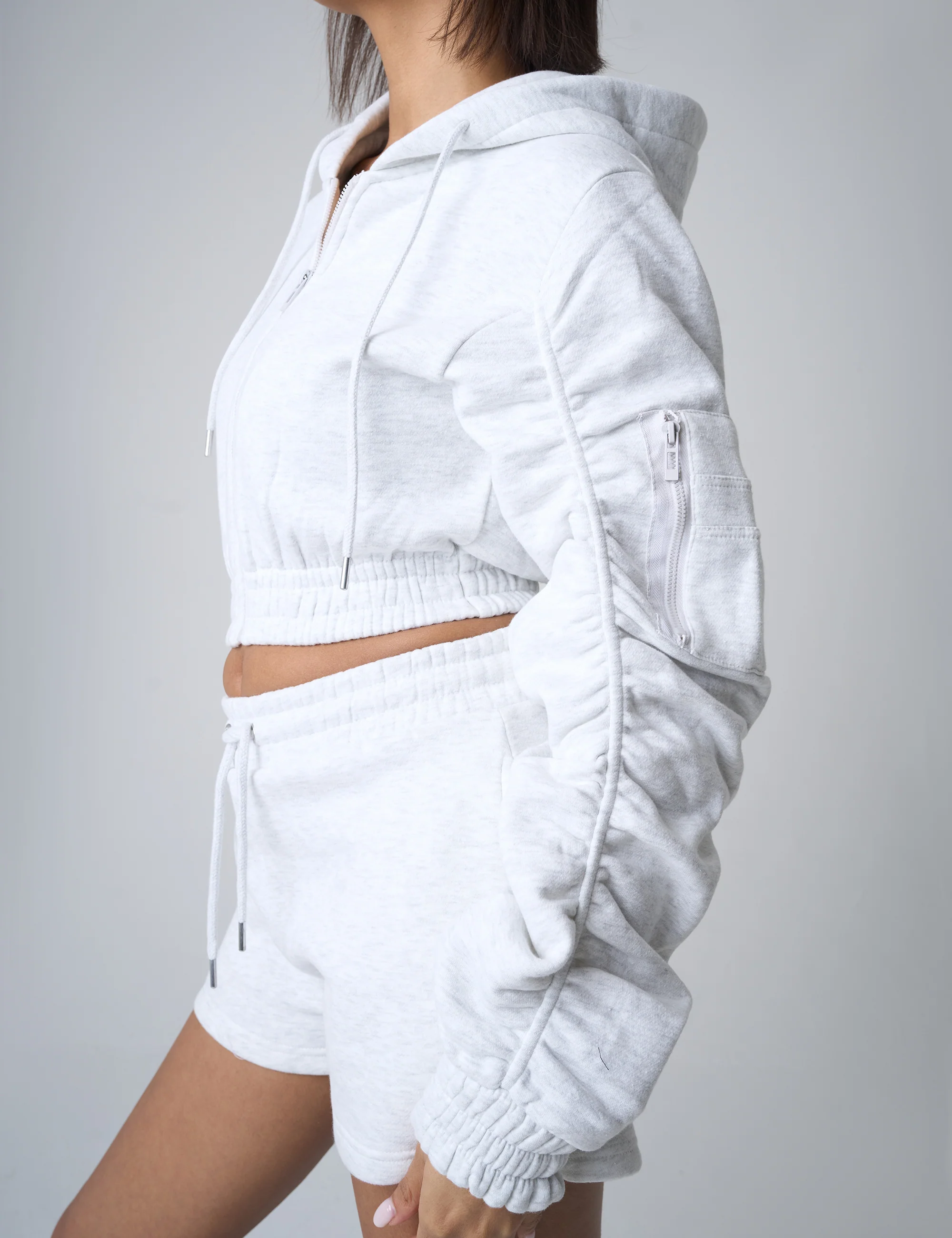 Ruched Sleeve Zip Up Cropped Hoodie Grey Marl - Image 4