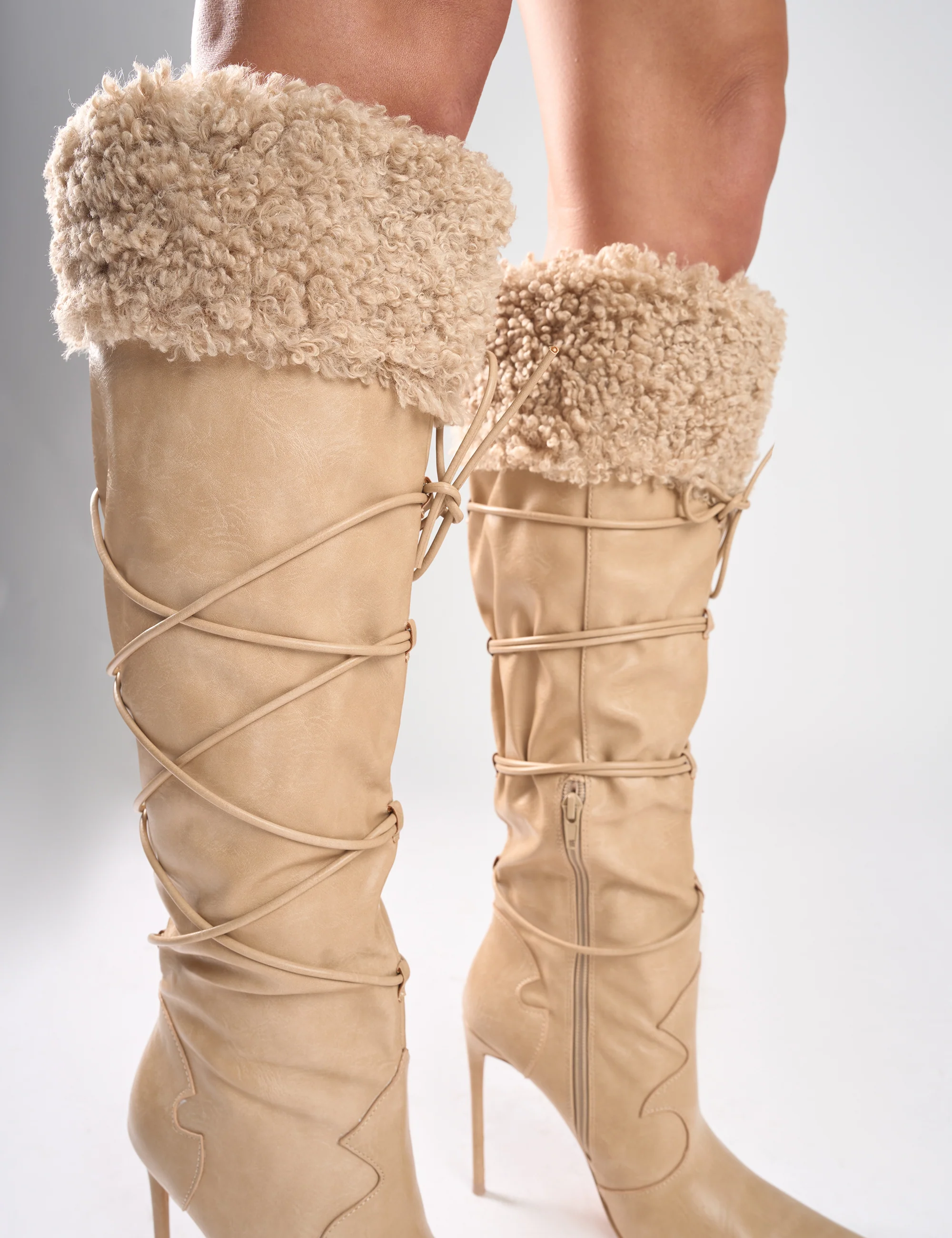 Crusader Cream Fur Trim Western Inspired Pointed Toe Boots - Image 4