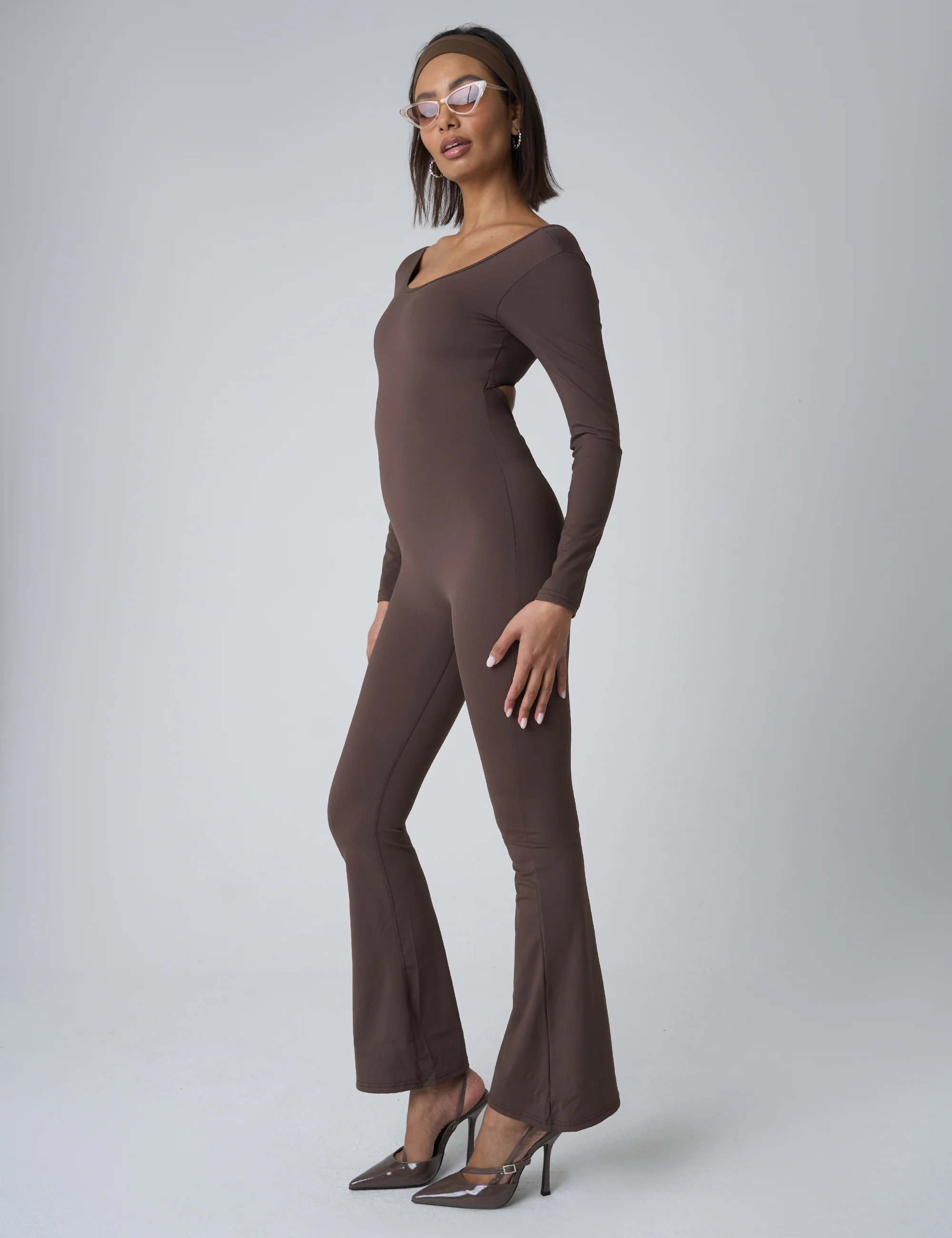 Cut Out Back Detail Long Sleeve Jumpsuit Beige - Image 2