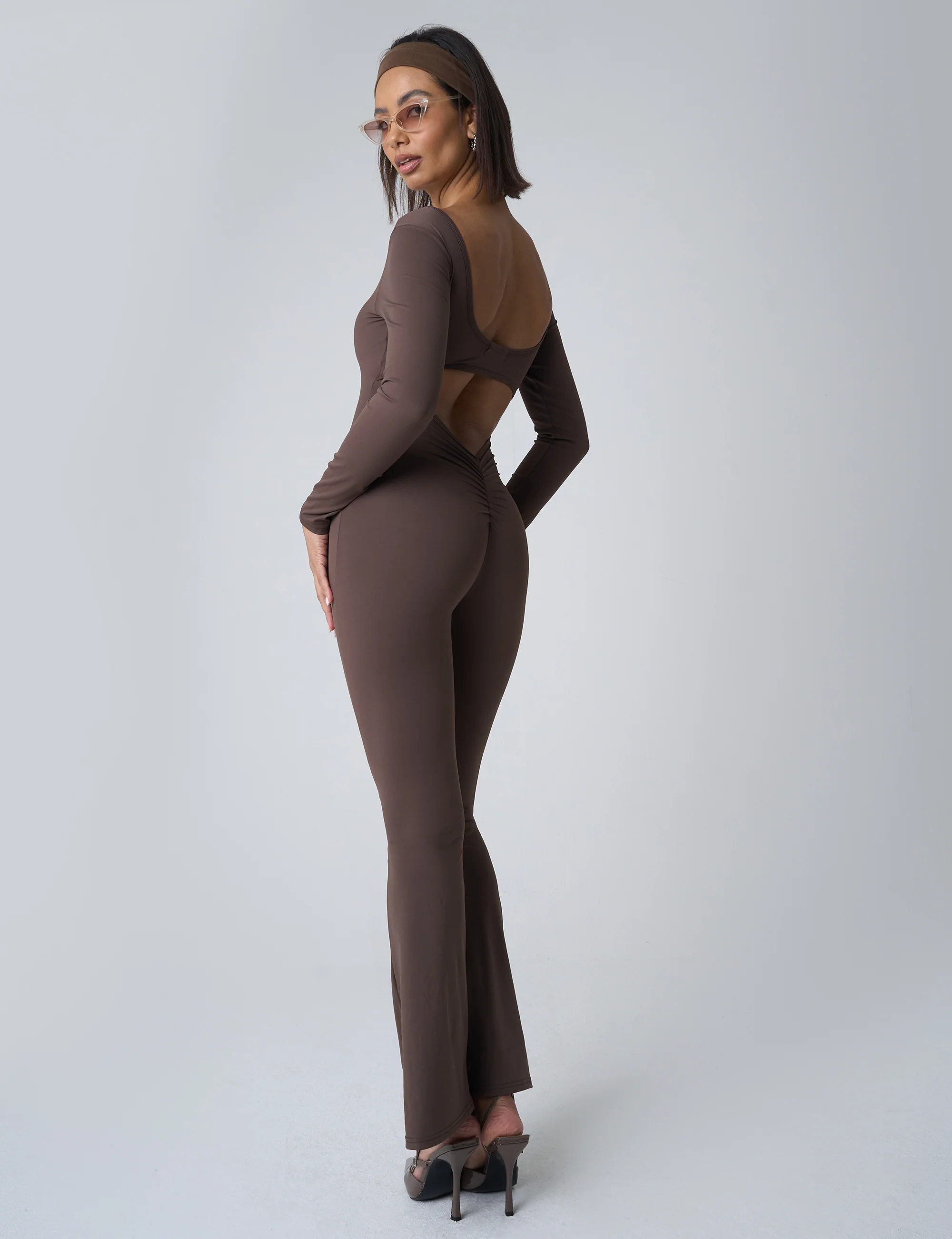 Cut Out Back Detail Long Sleeve Jumpsuit Beige - Image 3