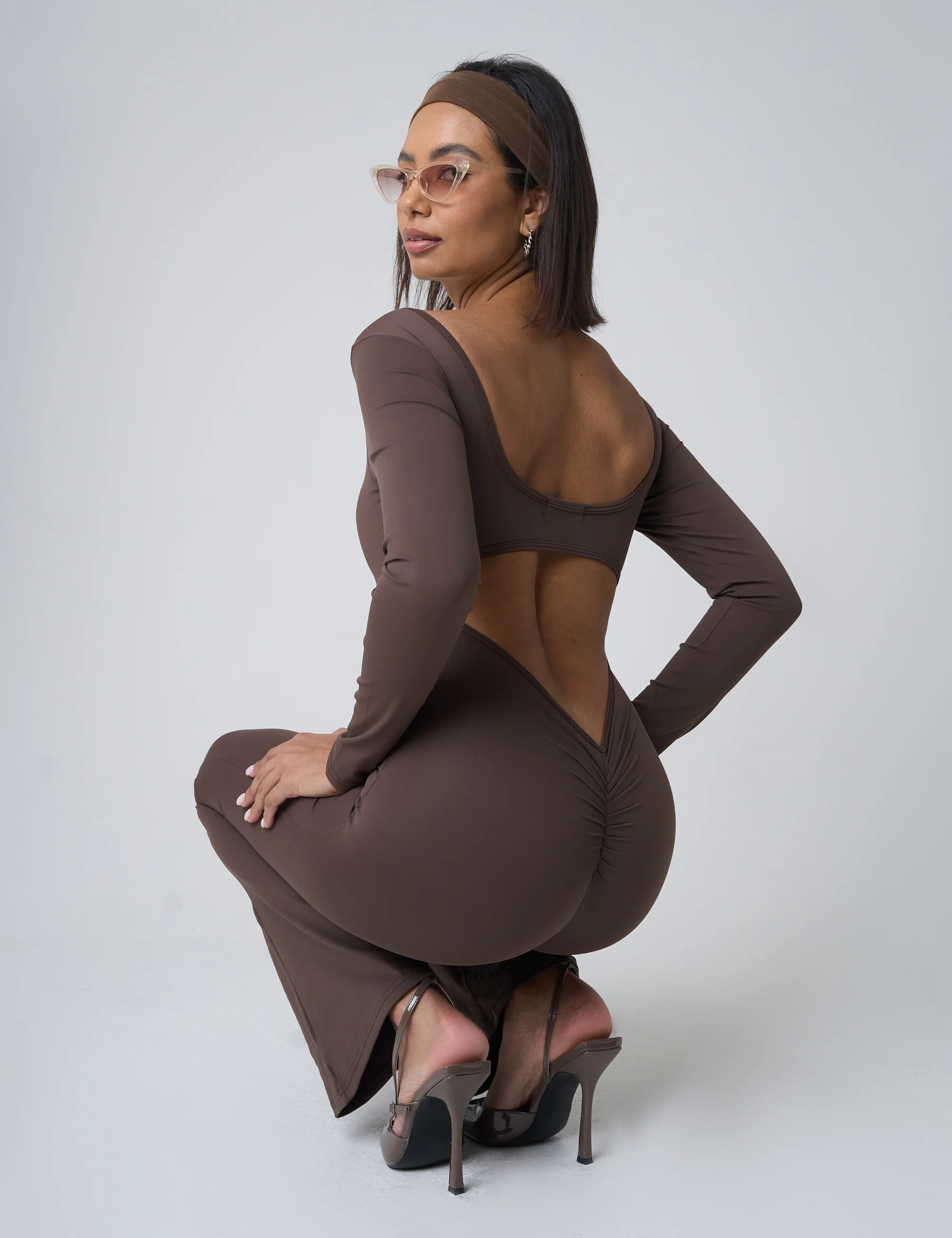 Cut Out Back Detail Long Sleeve Jumpsuit Beige - Image 4