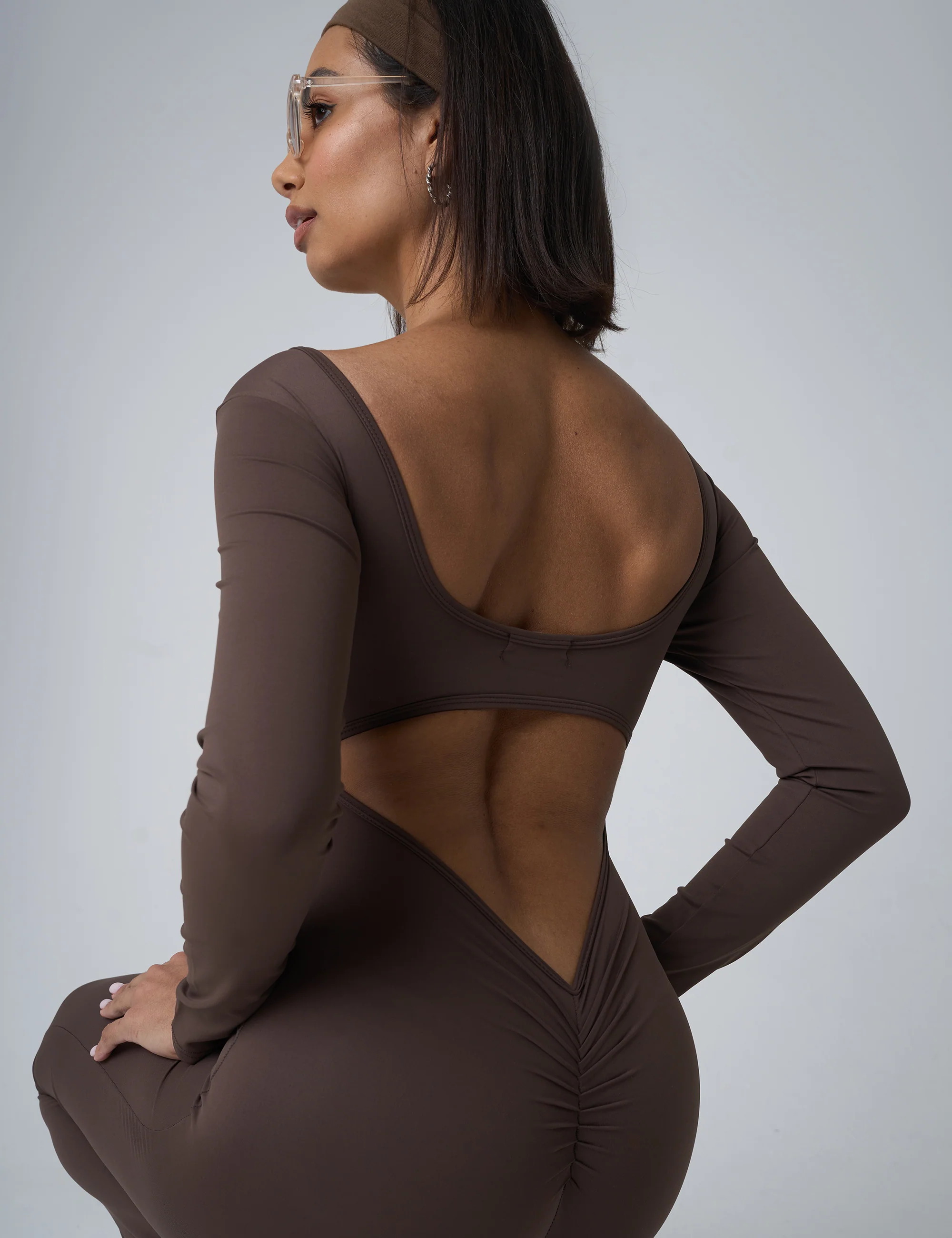 Cut Out Back Detail Long Sleeve Jumpsuit Beige - Image 5