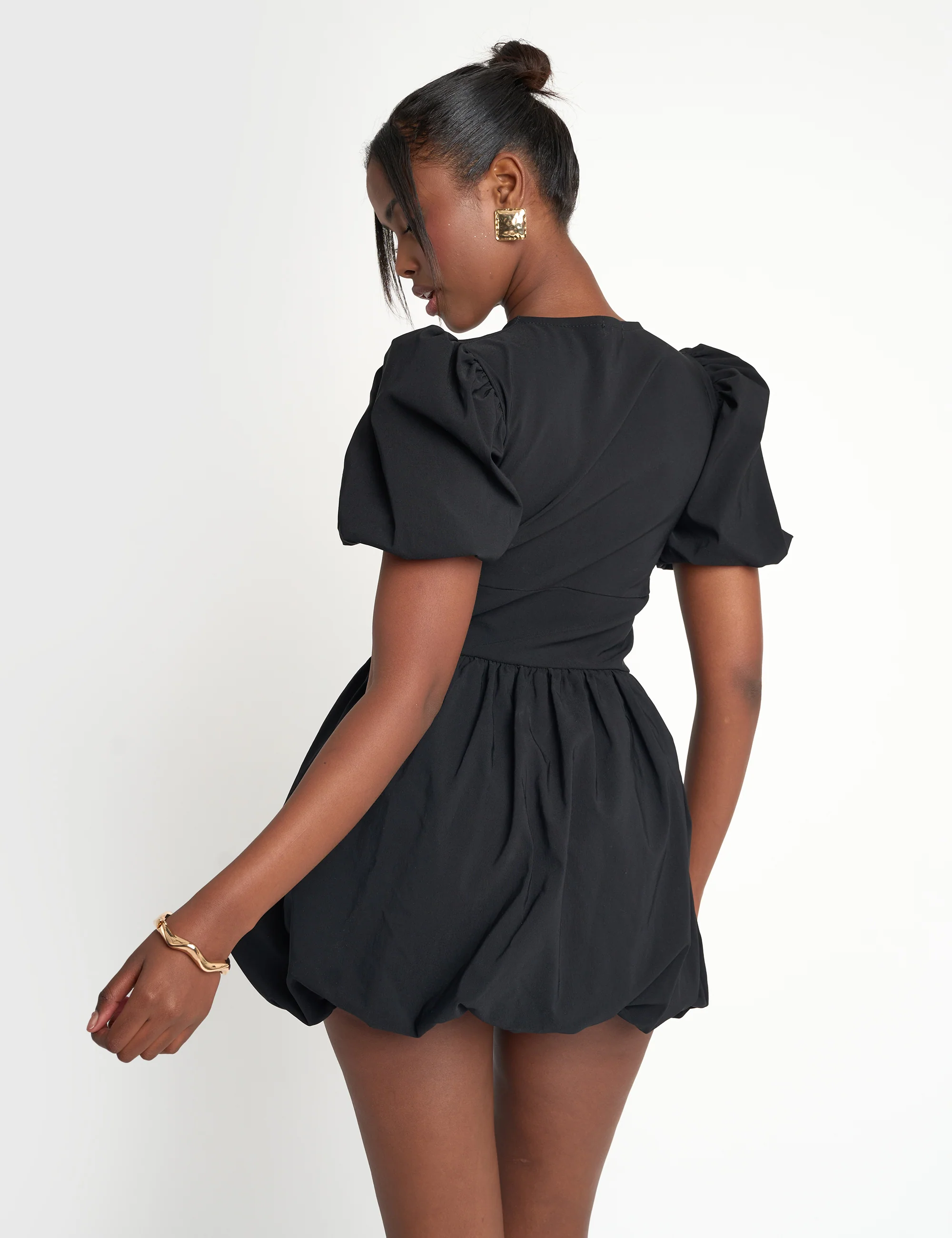 Cut Out Puff Sleeve Bubble Hem Mini Dress Black - Image 2