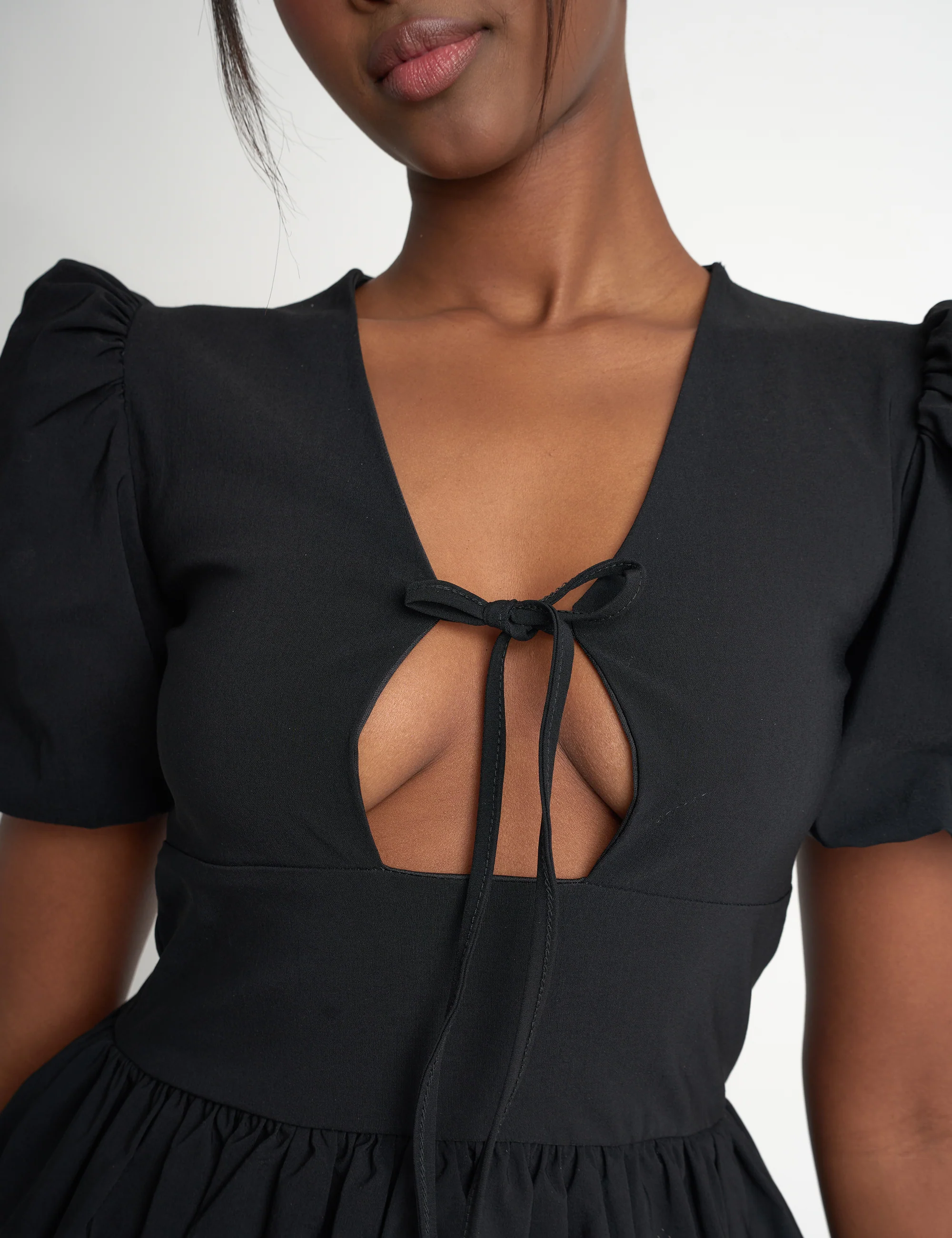 Cut Out Puff Sleeve Bubble Hem Mini Dress Black - Image 4