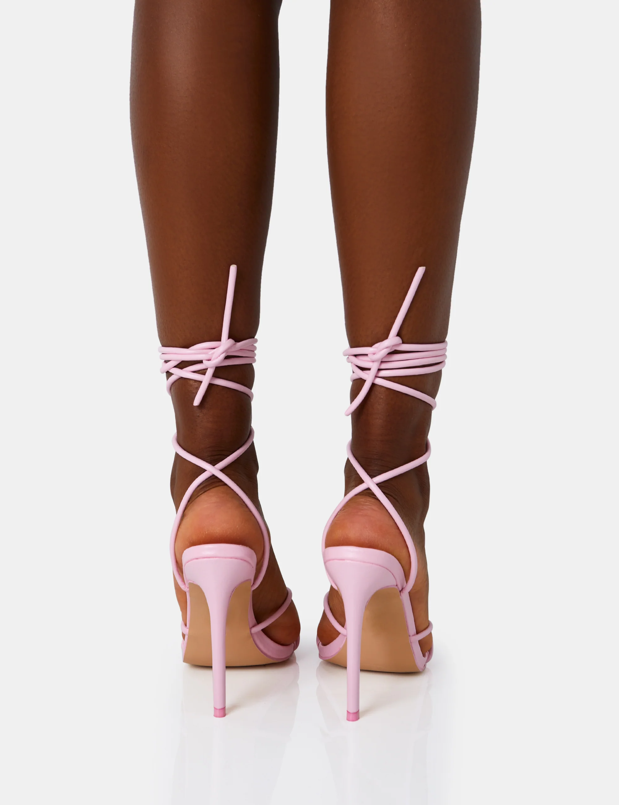 Dax Baby Pink Pu Barely There Lace Up Square Toe Stiletto Heels - Image 4