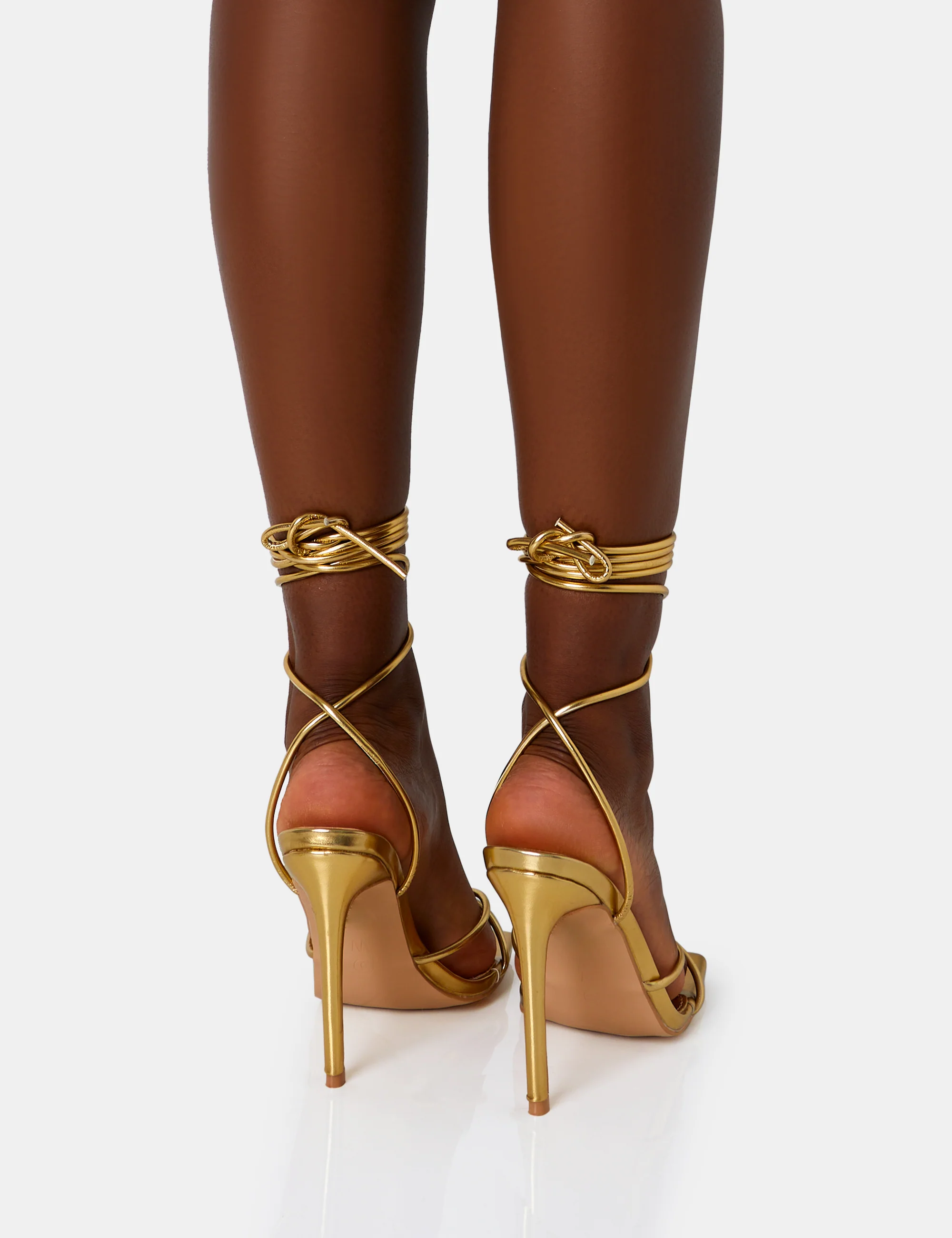 Dax Gold PU Barely There Lace Up Square Toe Stiletto Heels - Image 4