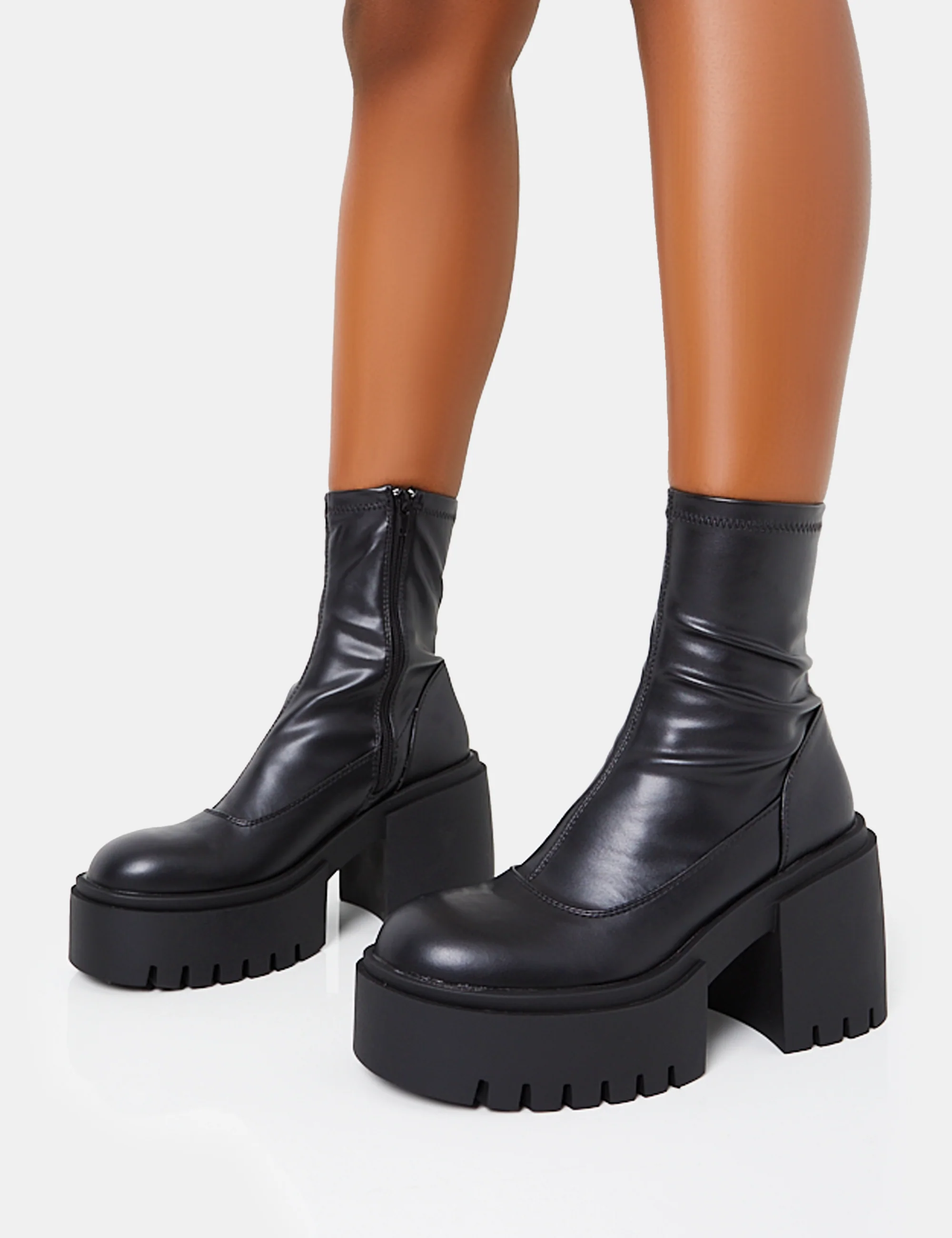 Demeter Black Pu Chunky Heeled Platform Ankle Boots - Image 3