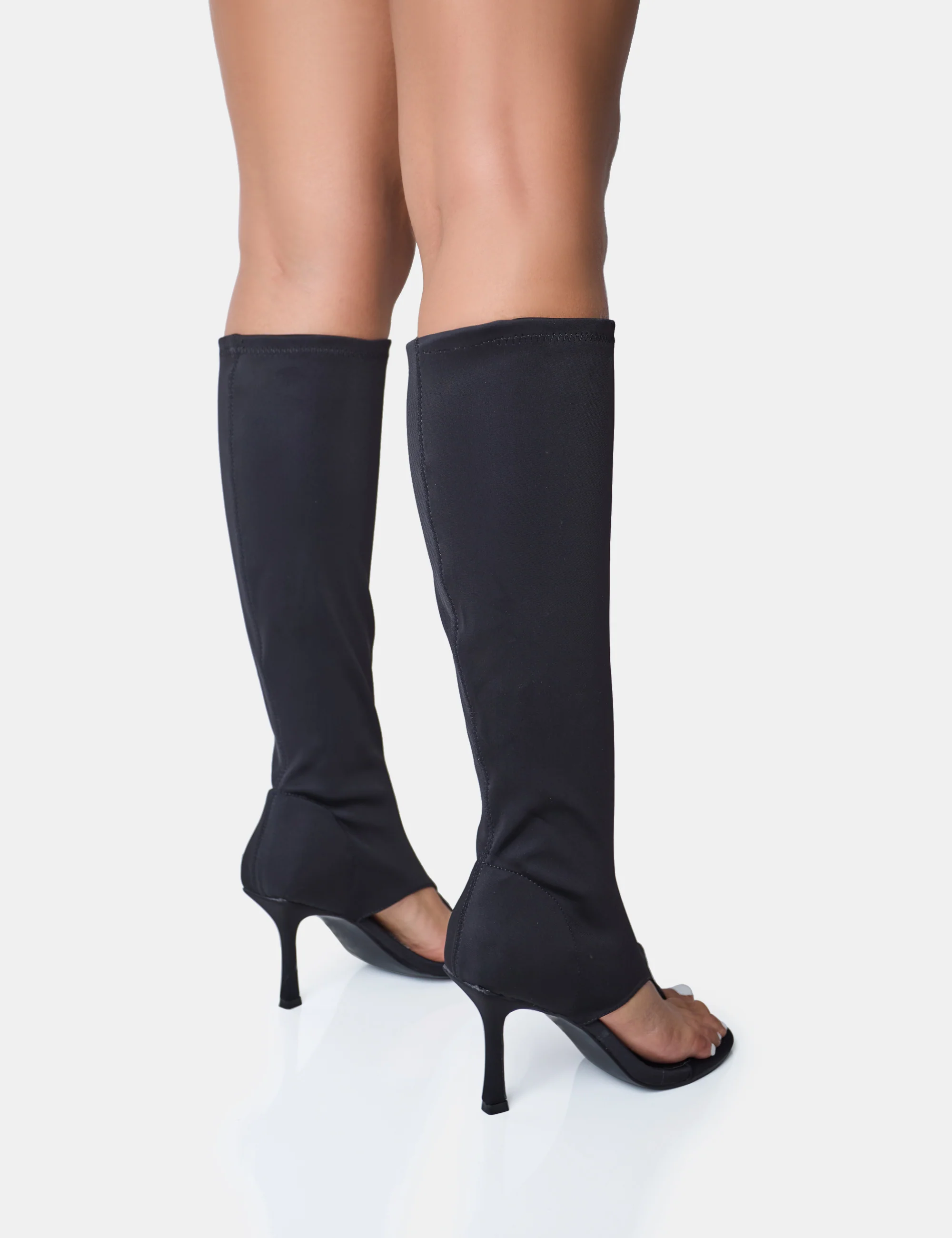 Devi Black Neoprene Toe Post Stiletto Knee High Boots - Image 3