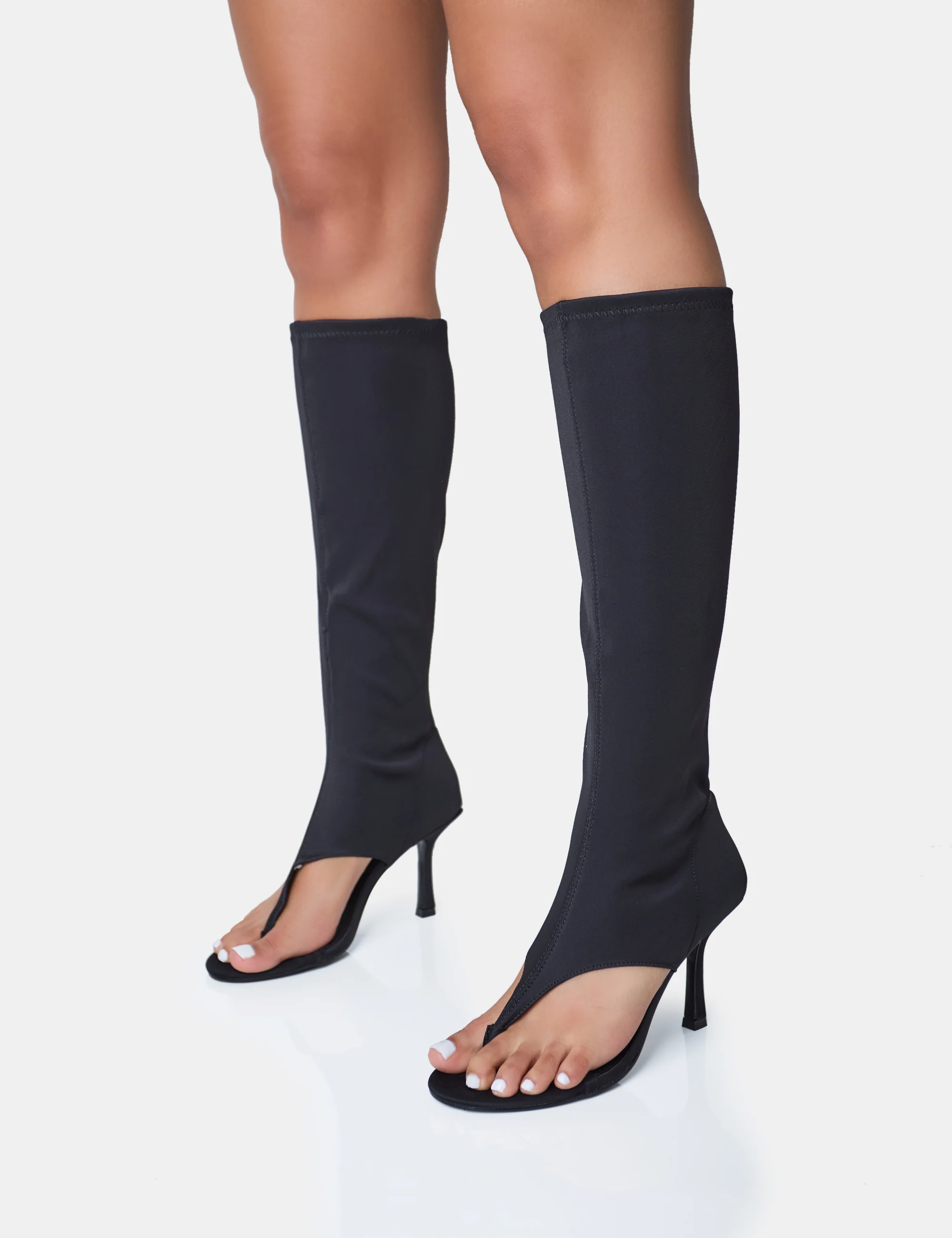 Devi Black Neoprene Toe Post Stiletto Knee High Boots - Image 4