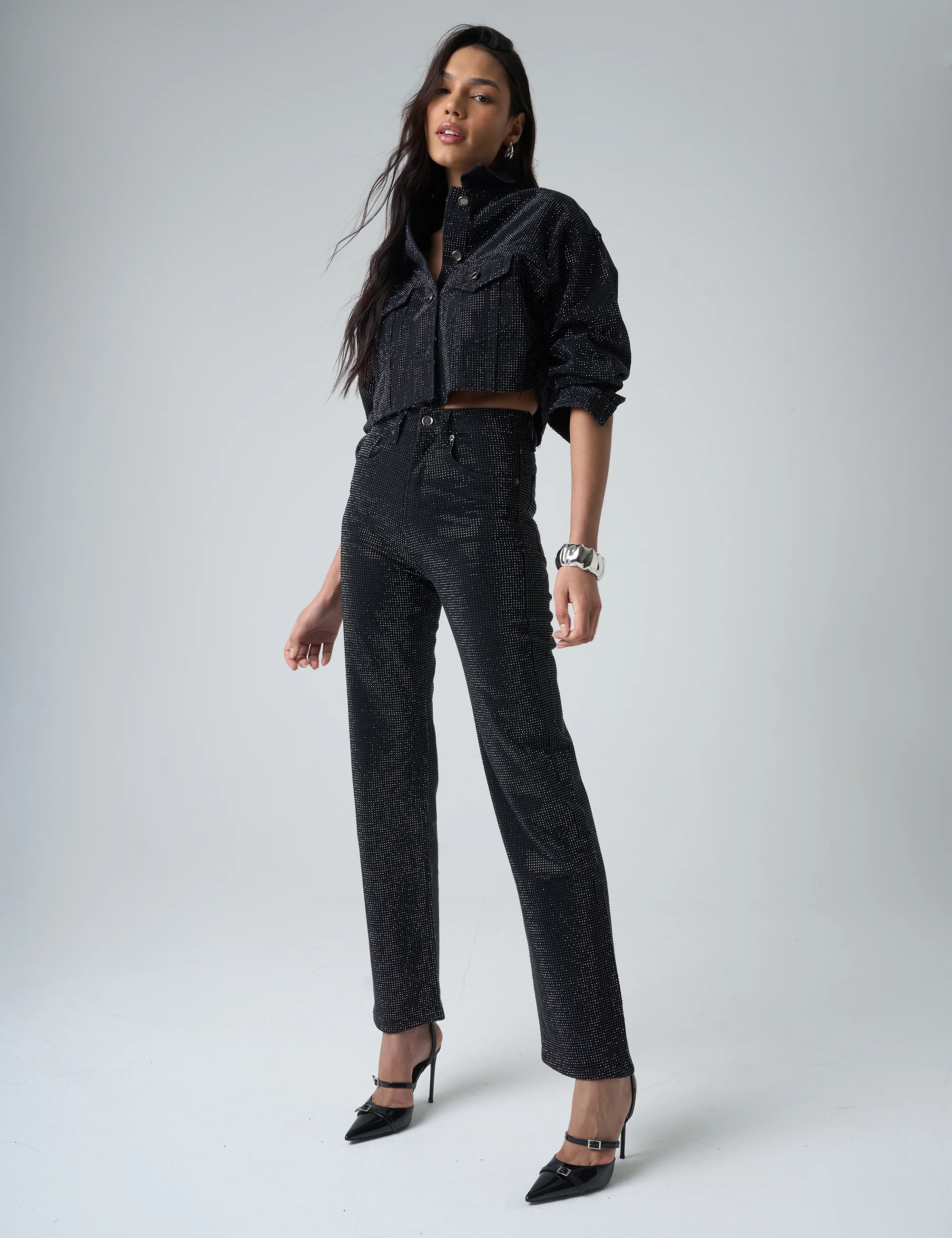 Diamante Straight Fit High Rise Denim Jeans Black - Image 2
