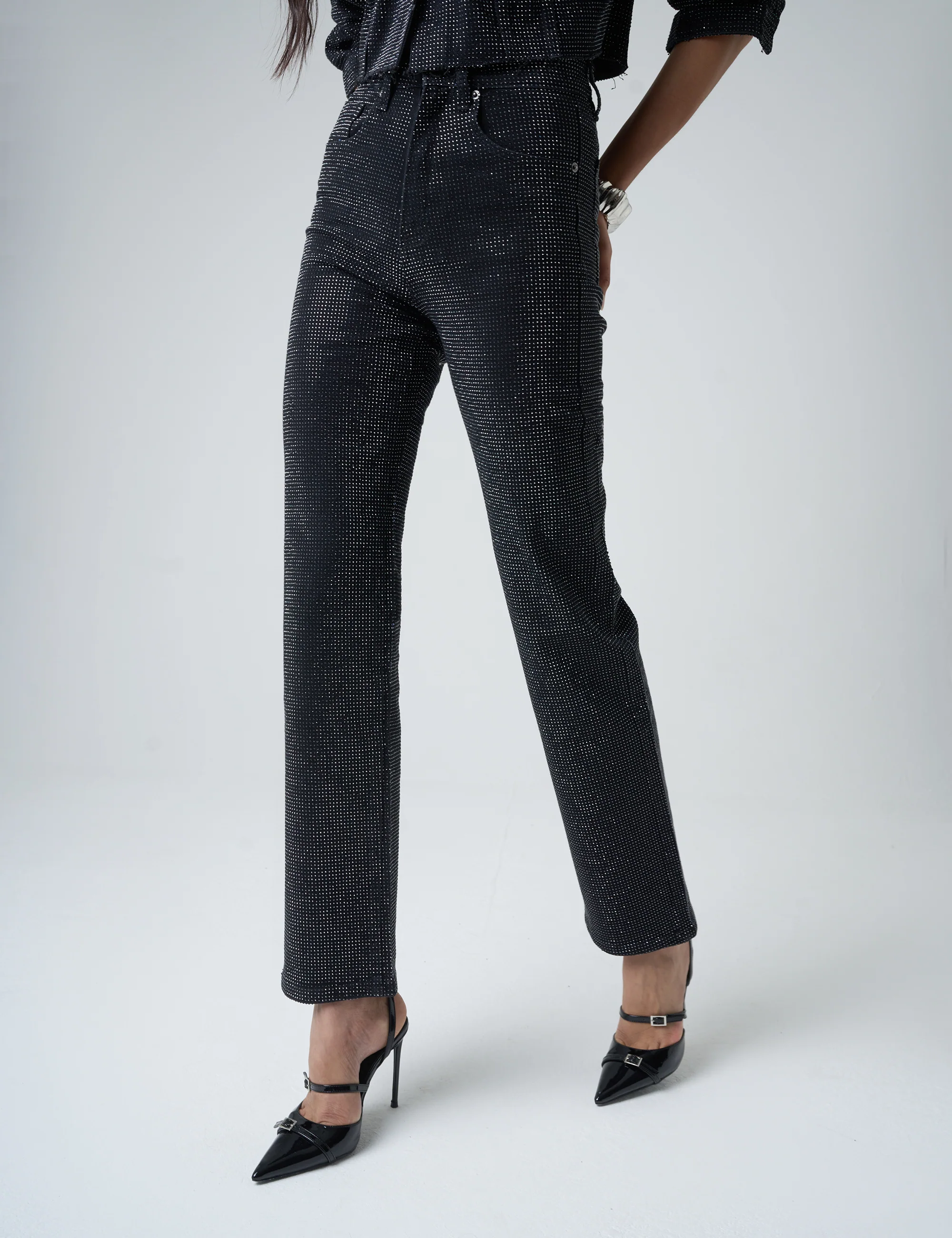 Diamante Straight Fit High Rise Denim Jeans Black - Image 4