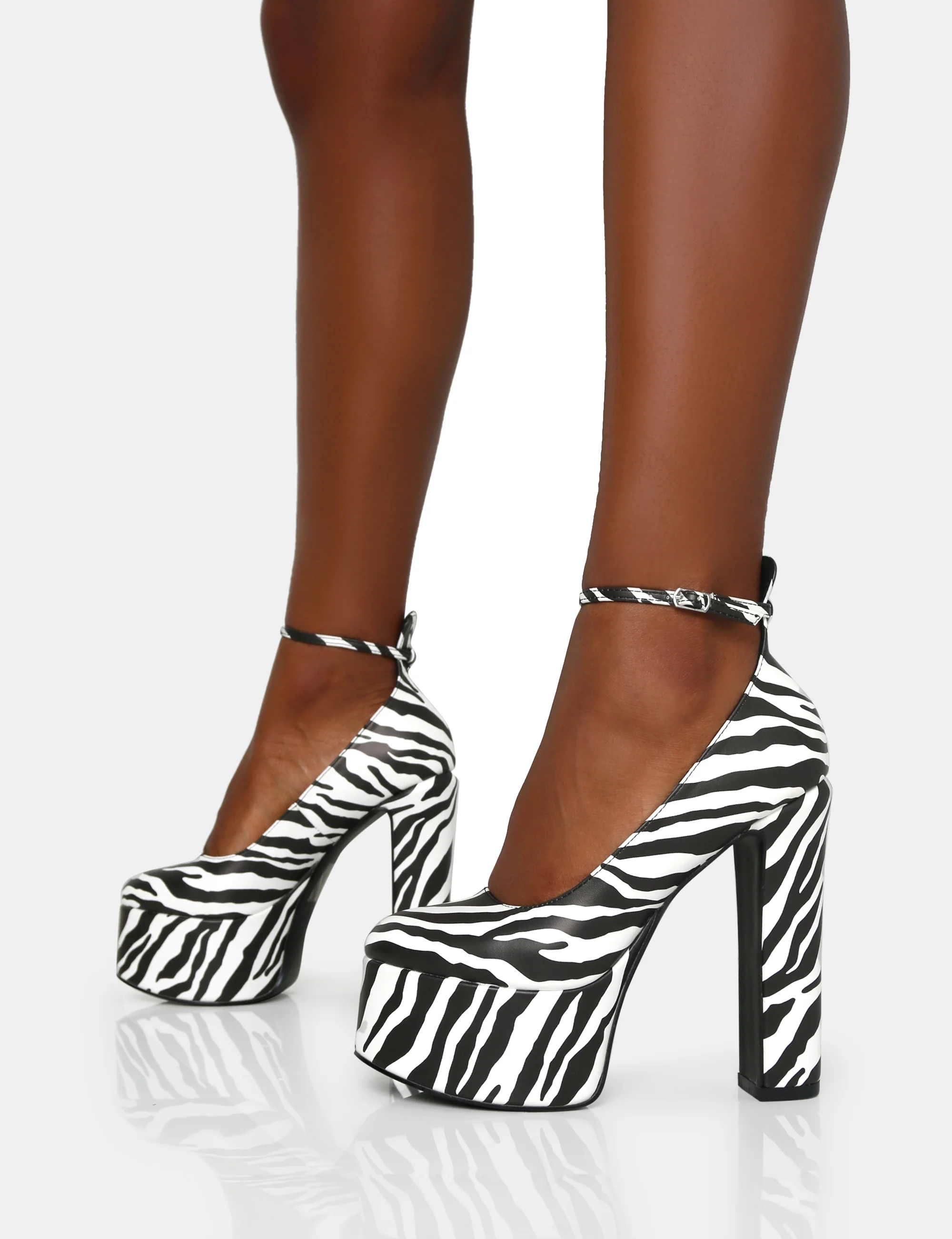 Donatella Zebra Print Ankle Strap Rounded Toe Platform Block Heels - Image 4