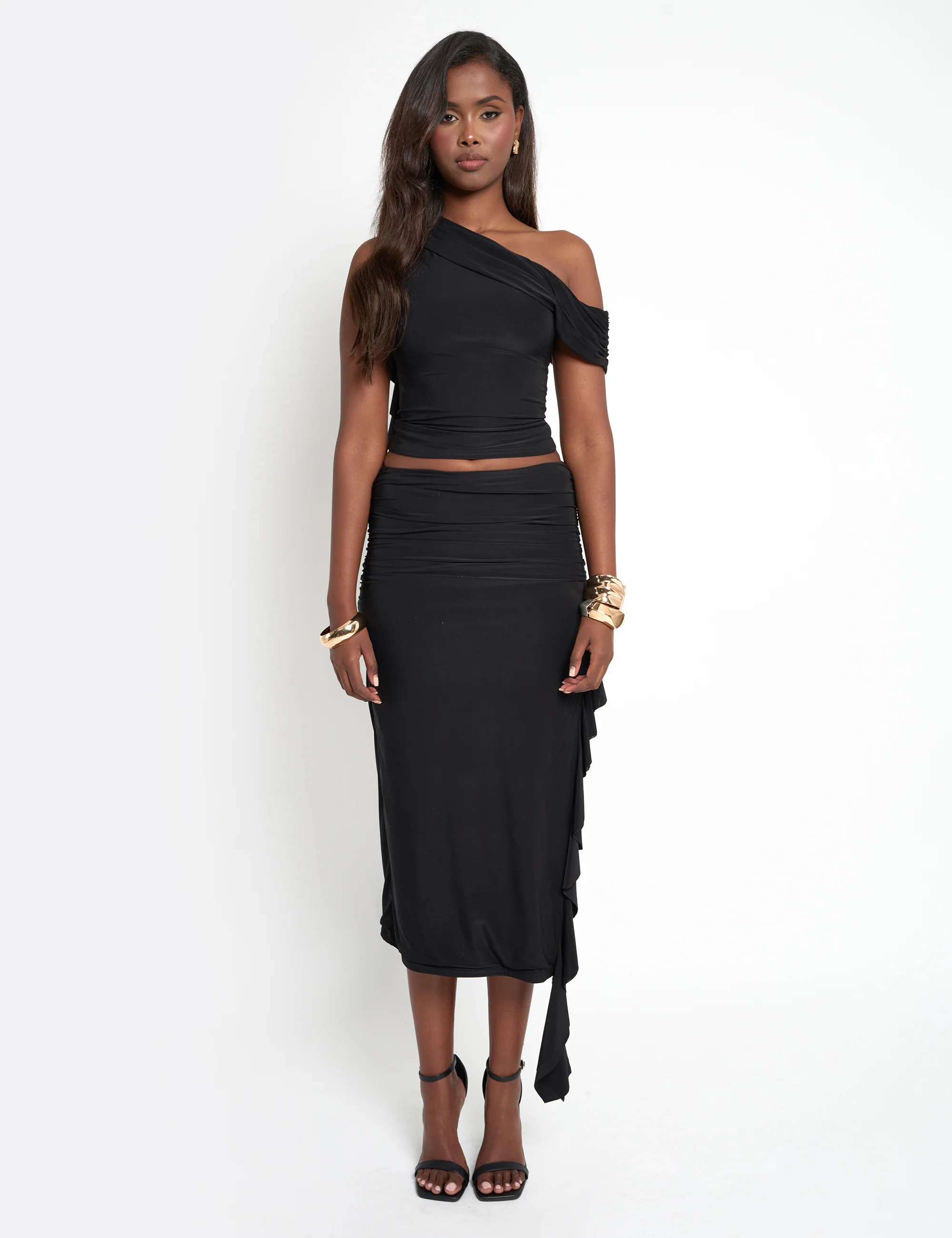 Drape Detail Luxe Slinky Maxi Skirt Black - Image 2