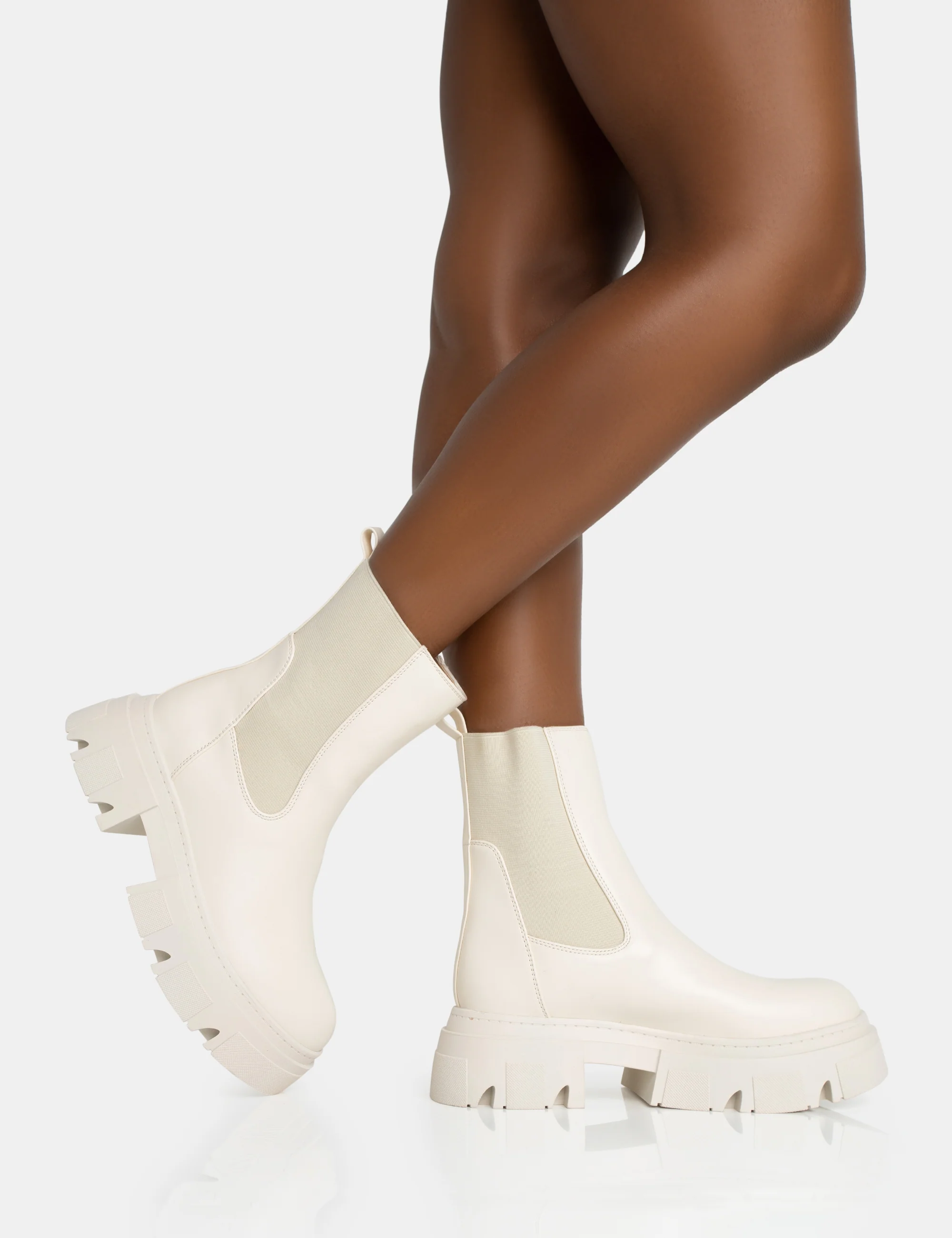 Edgy Cream Pu Elasticated Ankle Rounded Chunky Sole Ankle Boots - Image 2