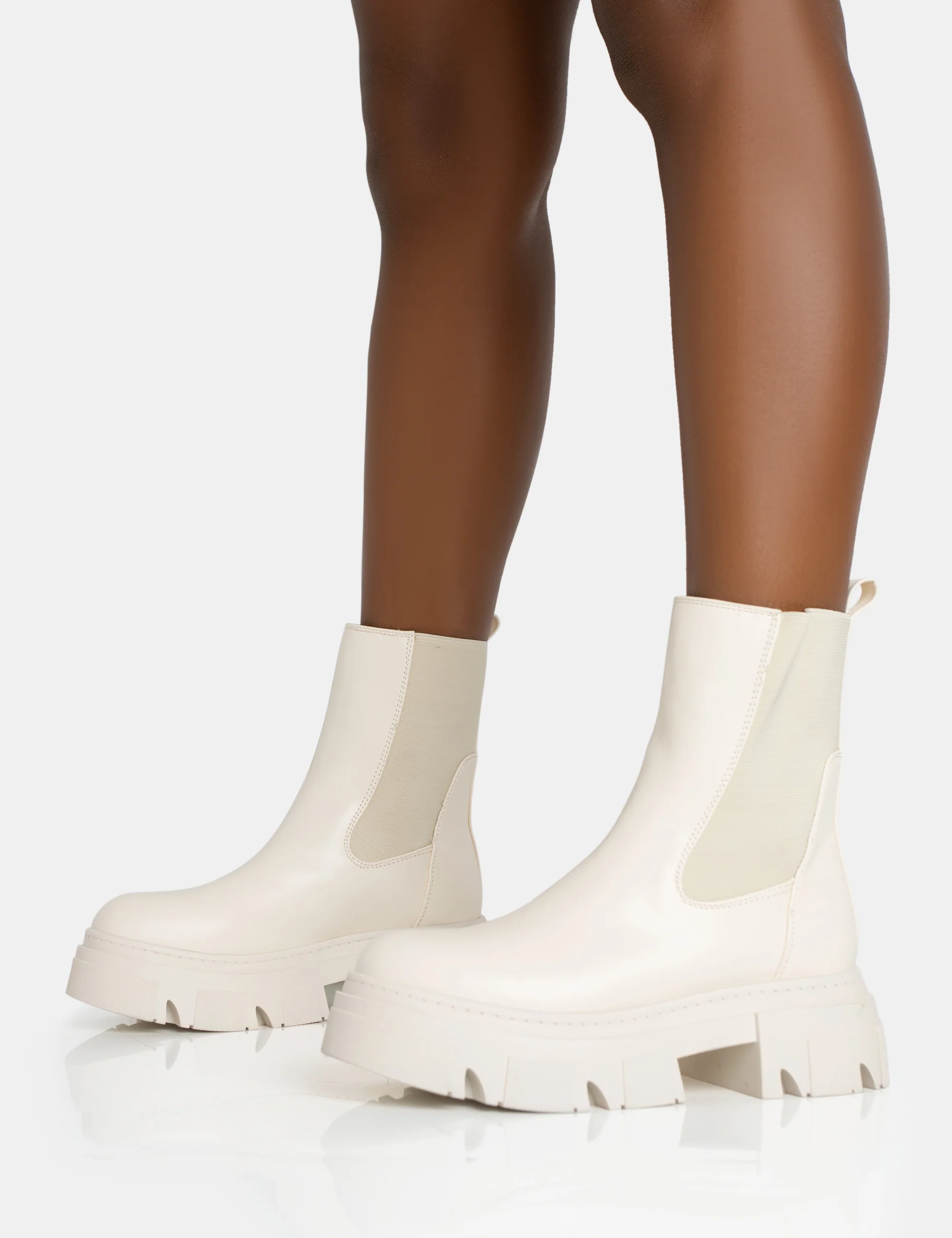 Edgy Cream Pu Elasticated Ankle Rounded Chunky Sole Ankle Boots - Image 3