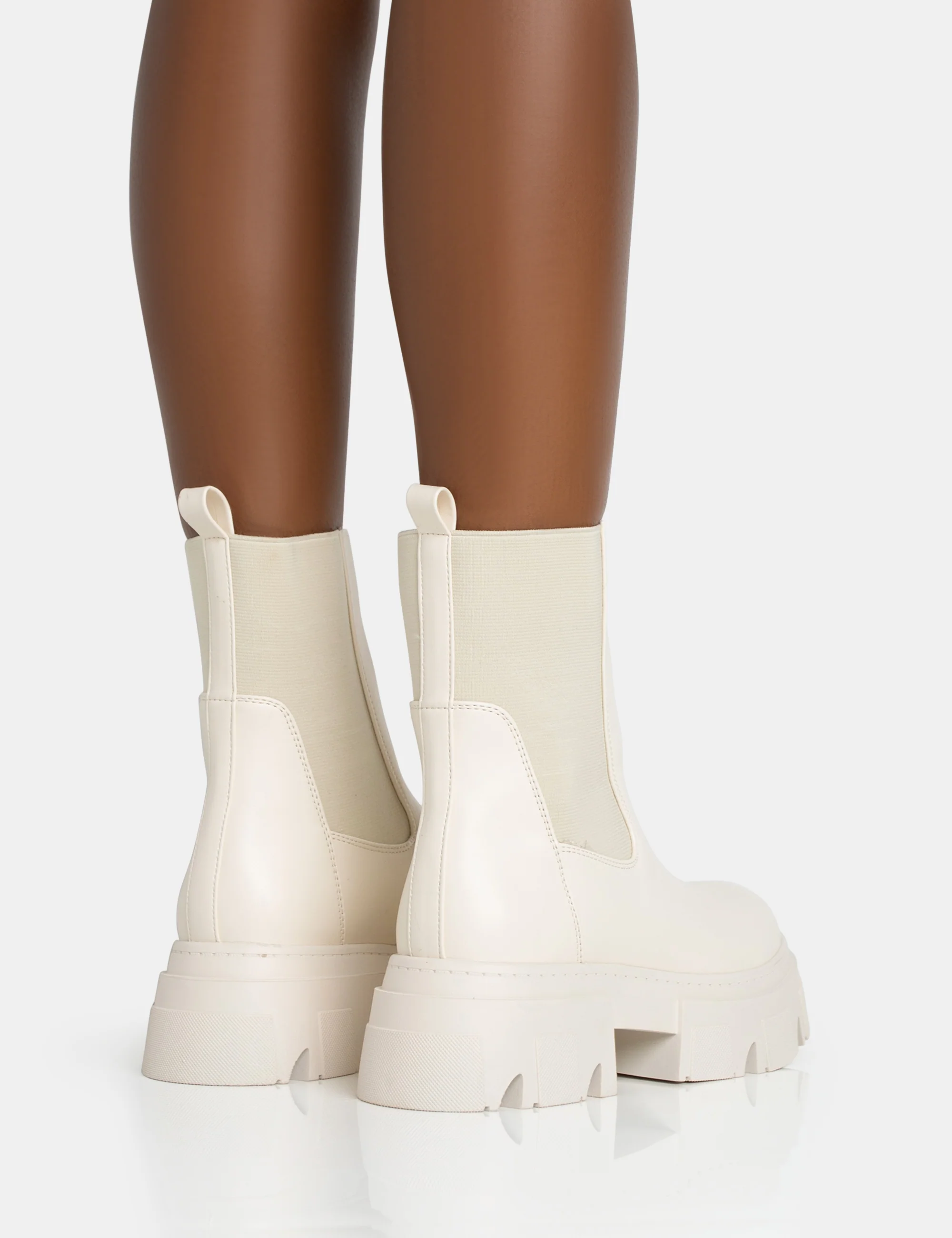 Edgy Cream Pu Elasticated Ankle Rounded Chunky Sole Ankle Boots - Image 4