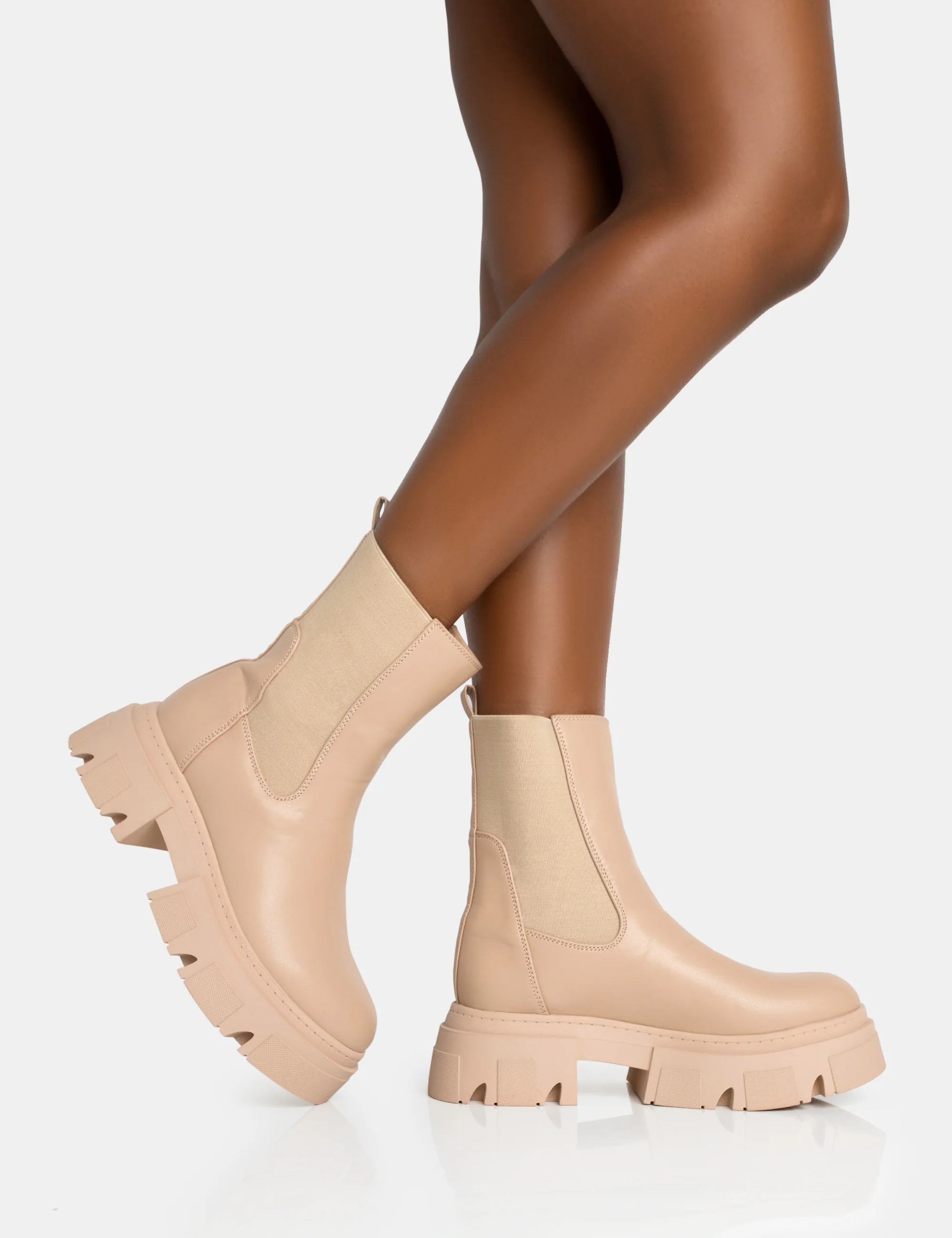 Edgy Taupe Pu Elasticated Ankle Rounded Chunky Sole Ankle Boots - Image 3