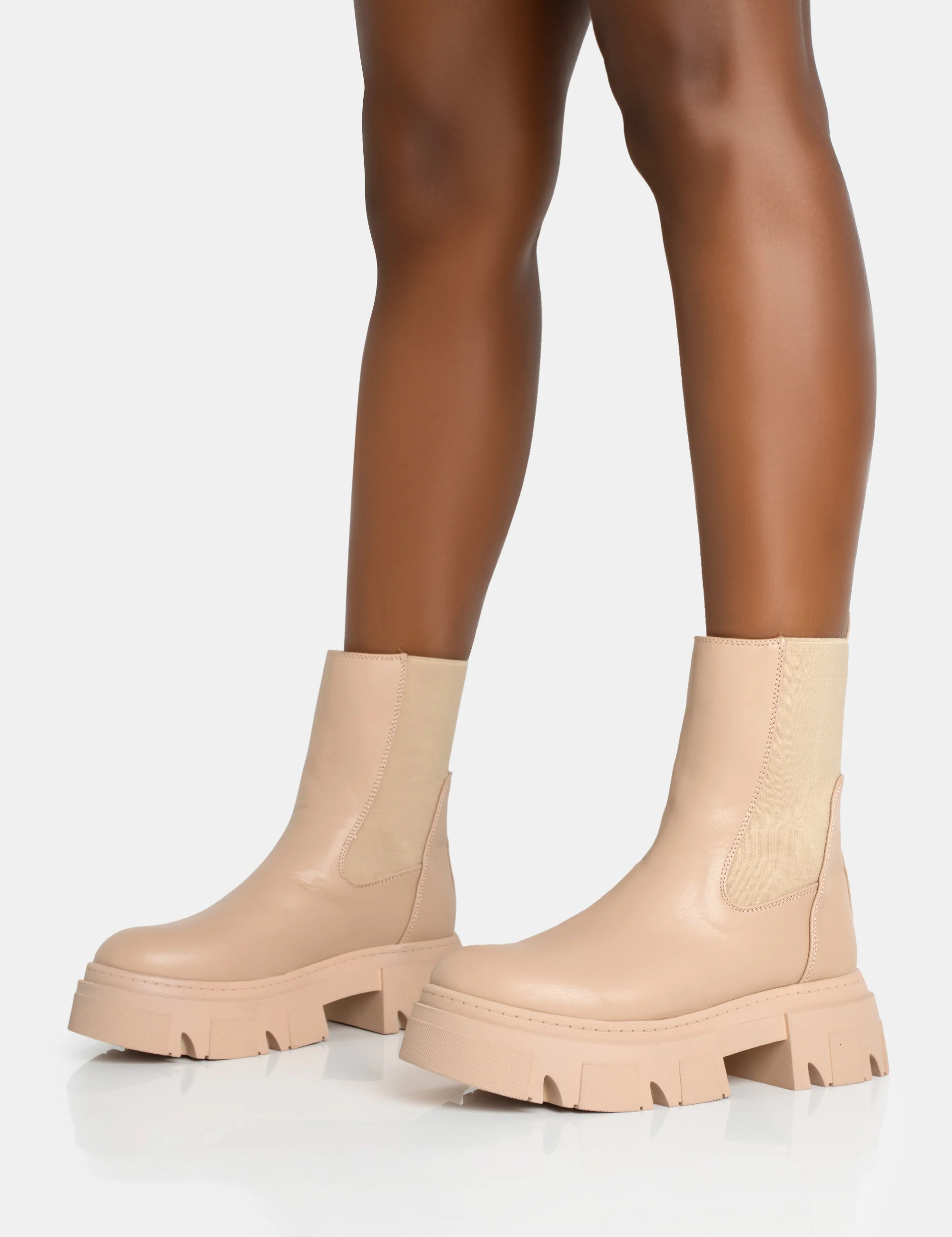 Edgy Taupe Pu Elasticated Ankle Rounded Chunky Sole Ankle Boots - Image 4