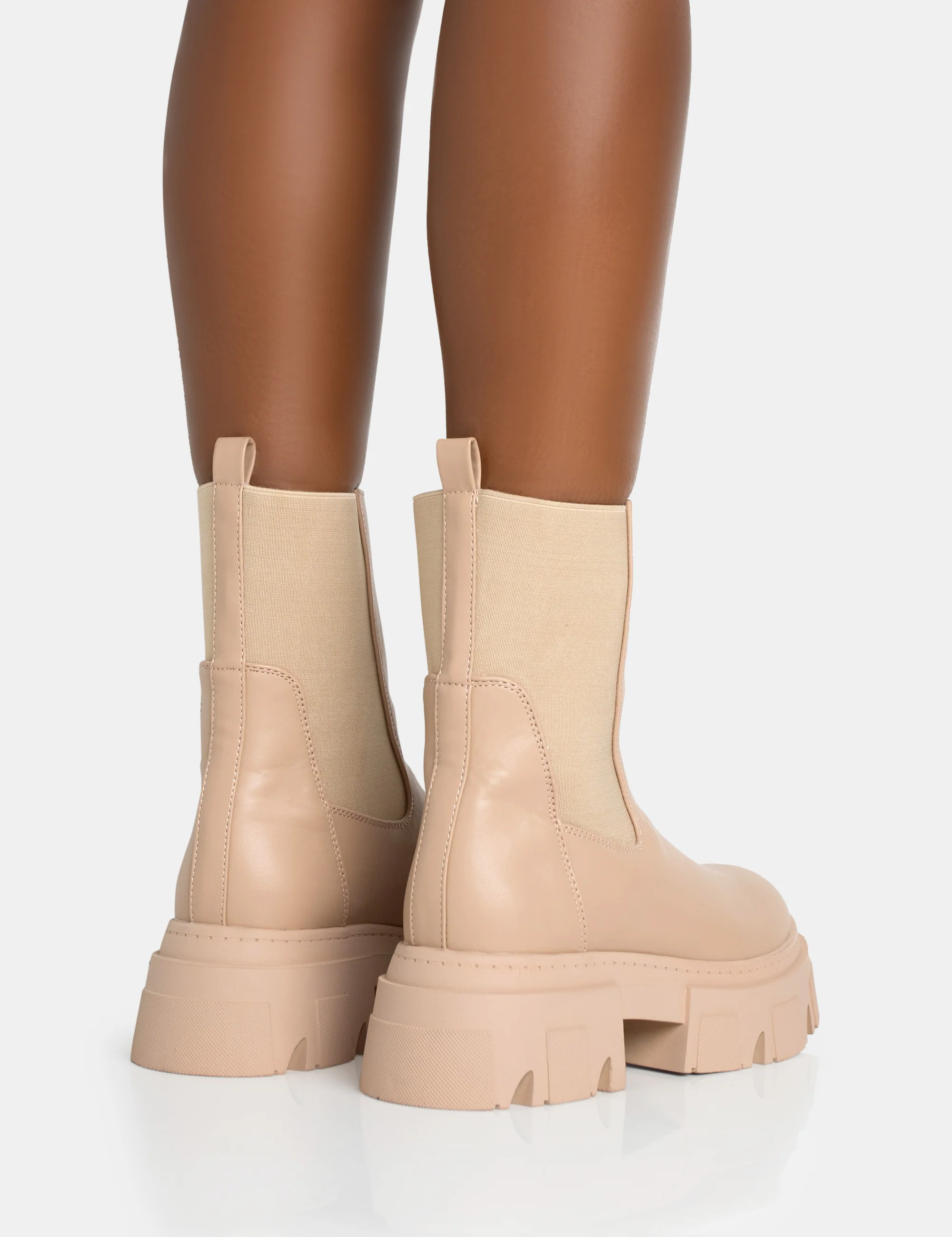 Edgy Taupe Pu Elasticated Ankle Rounded Chunky Sole Ankle Boots - Image 5