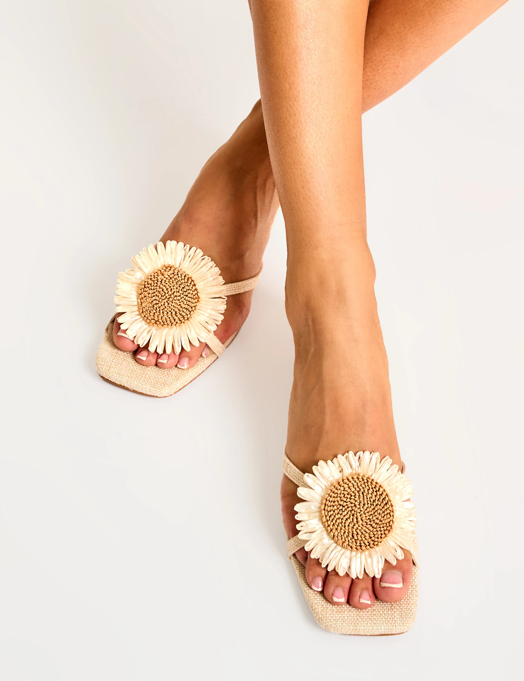 Ellery Natural Linen 3-D Floral Mule Mid Heels - Image 2