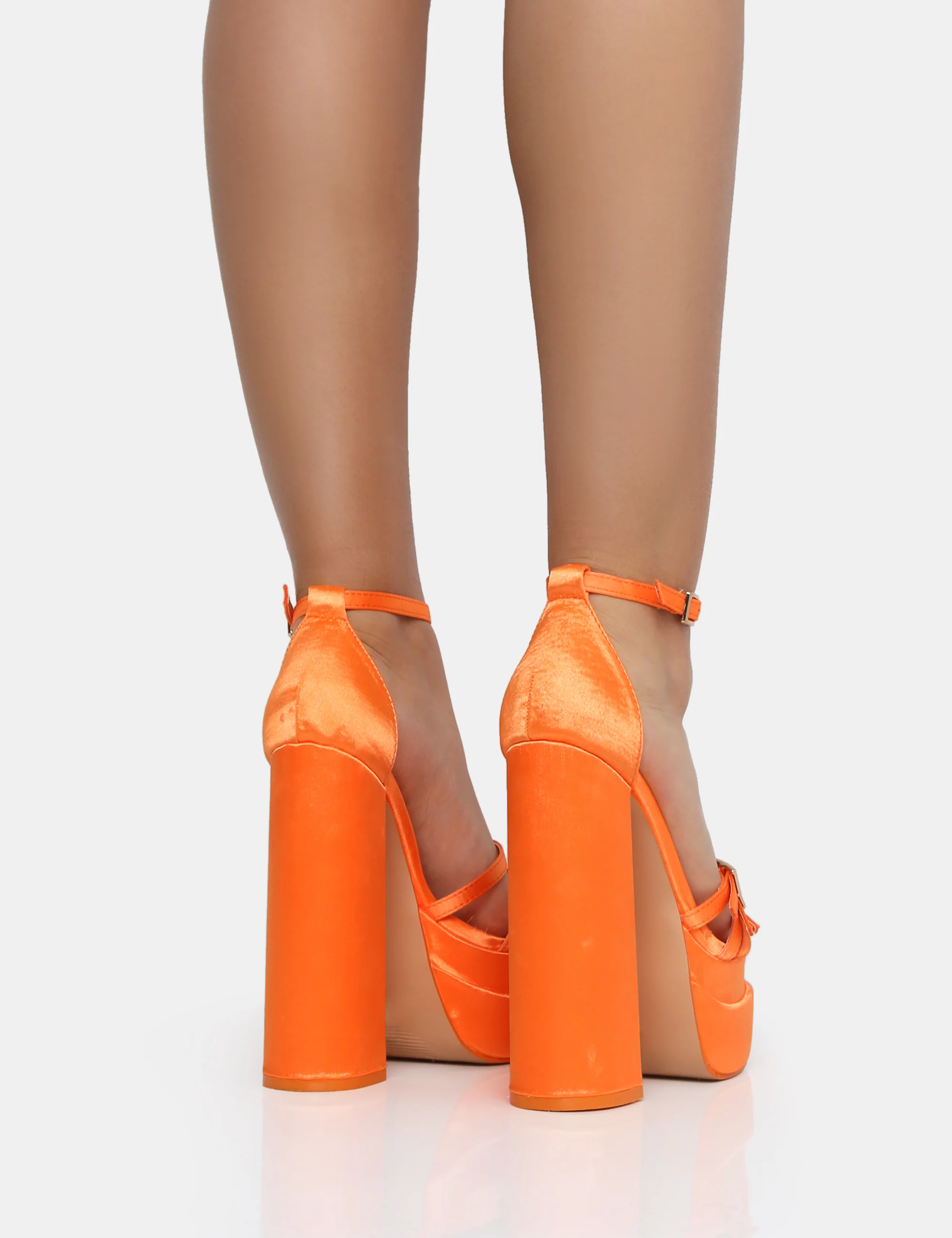 Enya Orange Satin Strappy Buckle Square Toe Platform Block Heels - Image 2