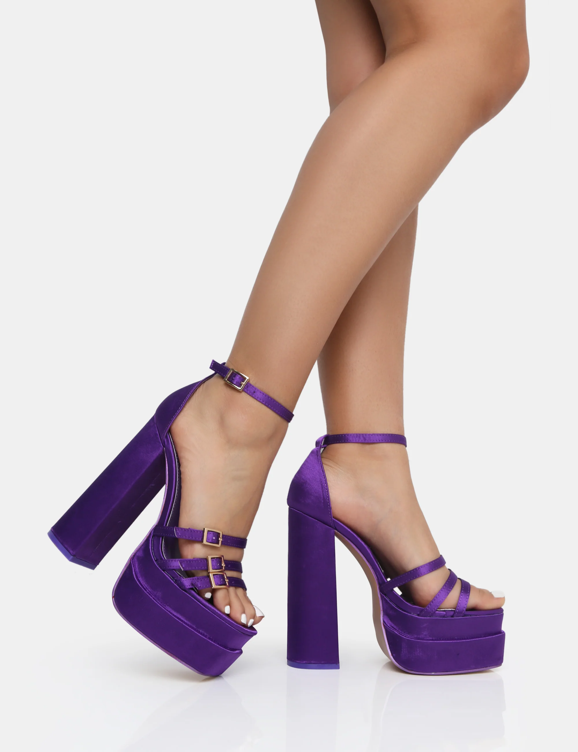 Enya Purple Satin Strappy Buckle Square Toe Platform Block Heels - Image 4