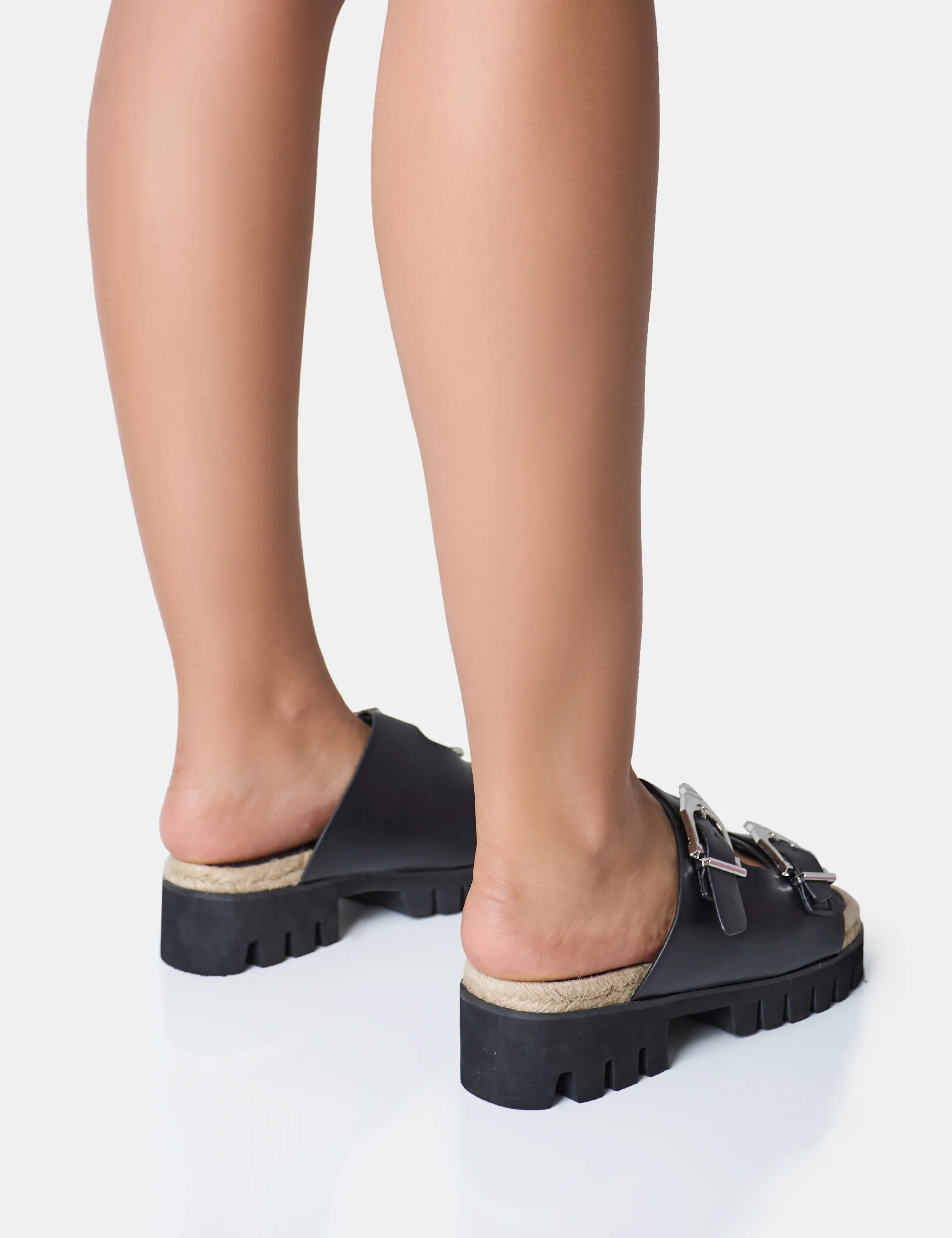 Equinox Black Chunky Jute Detail Buckle Flatform Sandals - Image 3