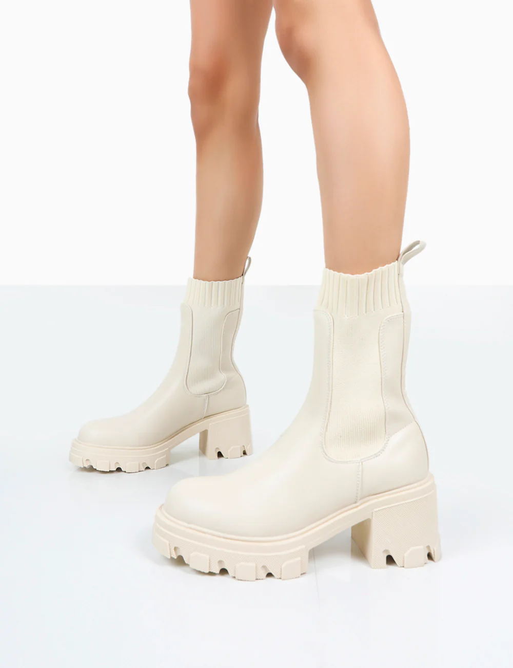 Everdeen Ecru PU And Knit Chunky Heeled Platform Sock Ankle Boots - Image 3