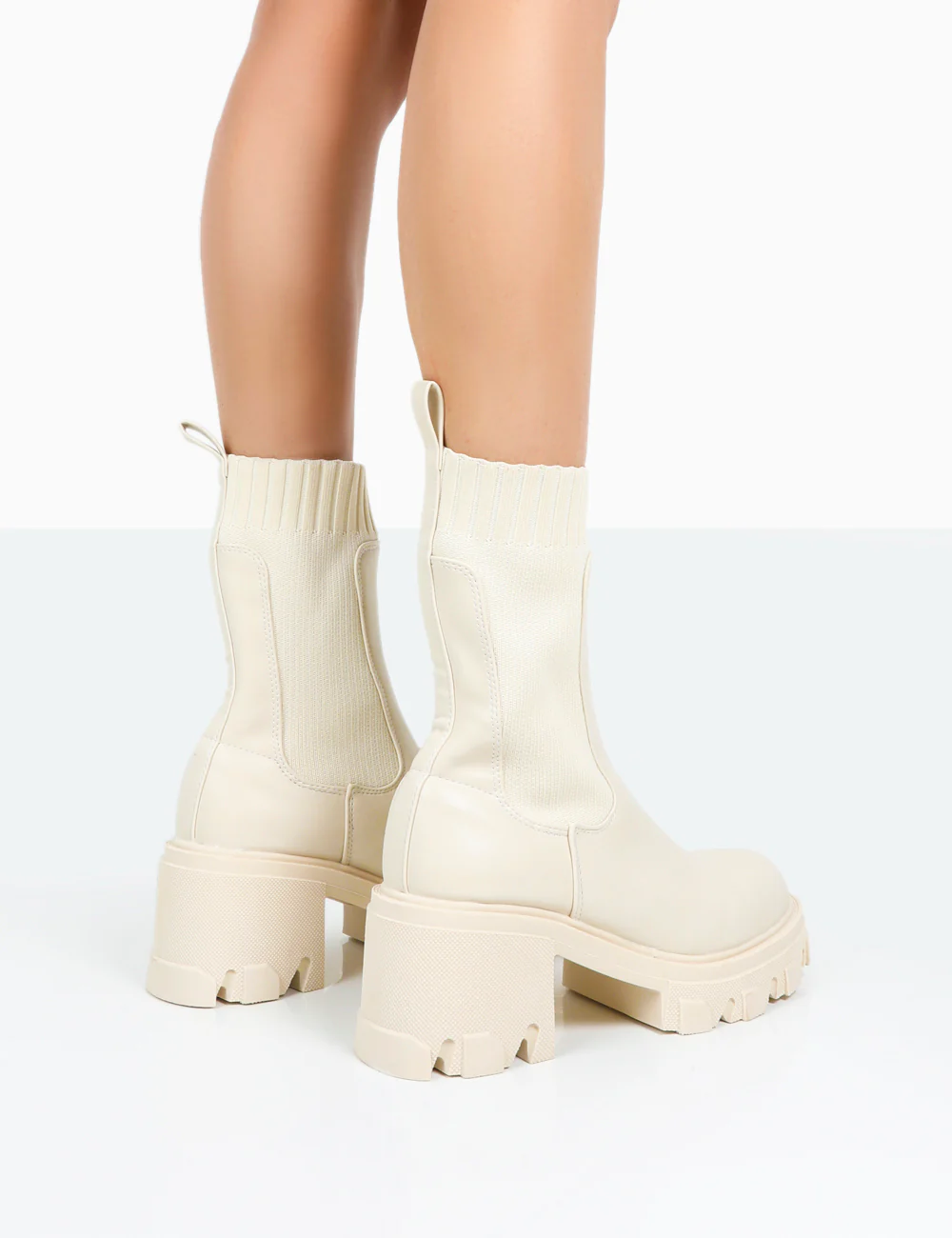 Everdeen Ecru PU And Knit Chunky Heeled Platform Sock Ankle Boots - Image 4