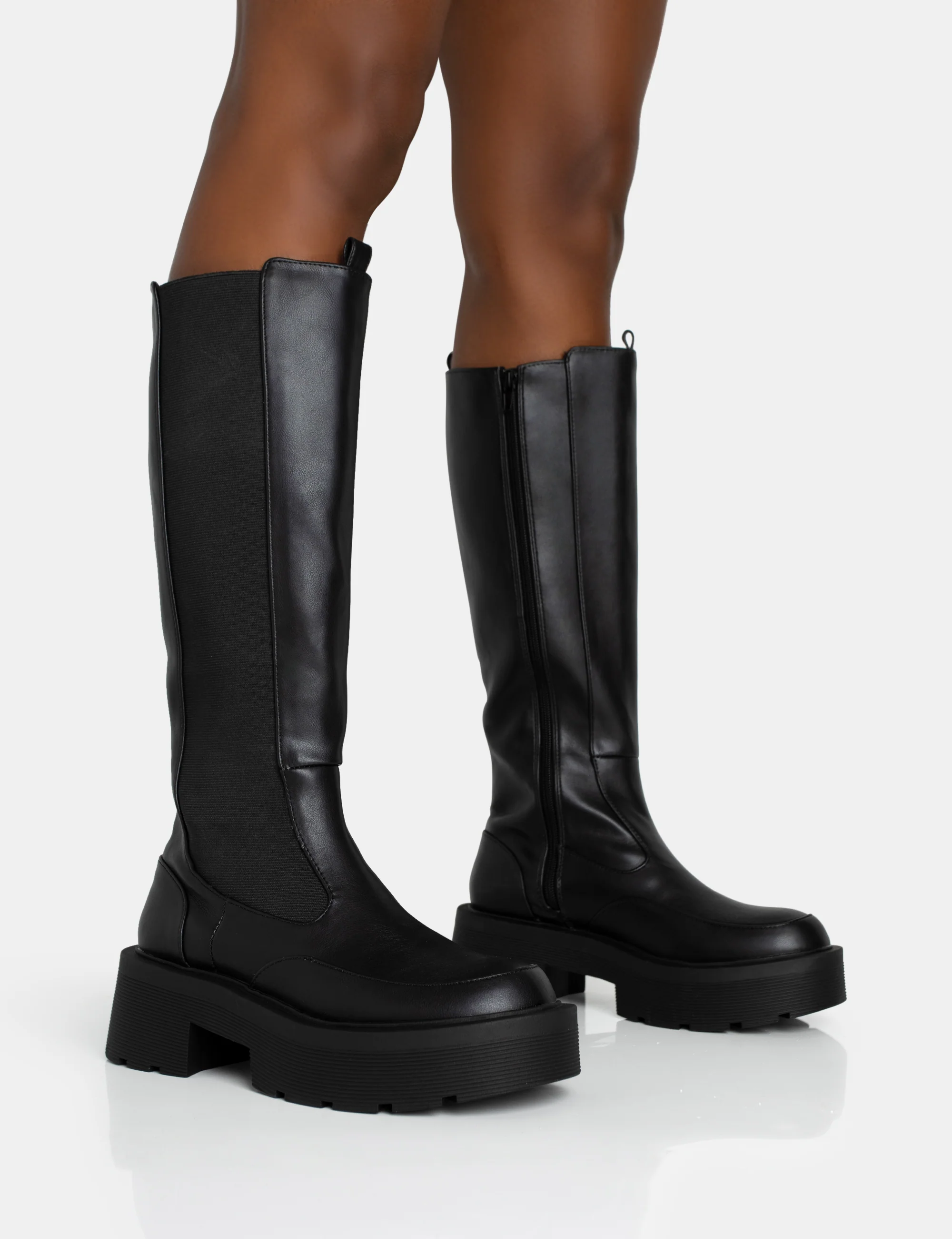 Evergreen Black Knee High Elasticated Detail Chunky Heeled Sole Boots - Image 8