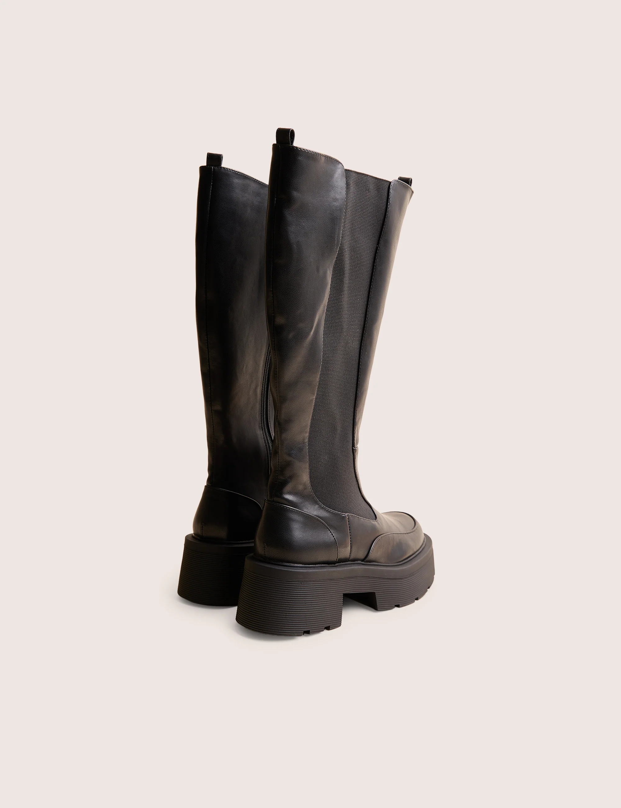 Evergreen Black Pu Wide Fit Knee High Elasticated Detail Chunky Heeled Sole Boots - Image 3