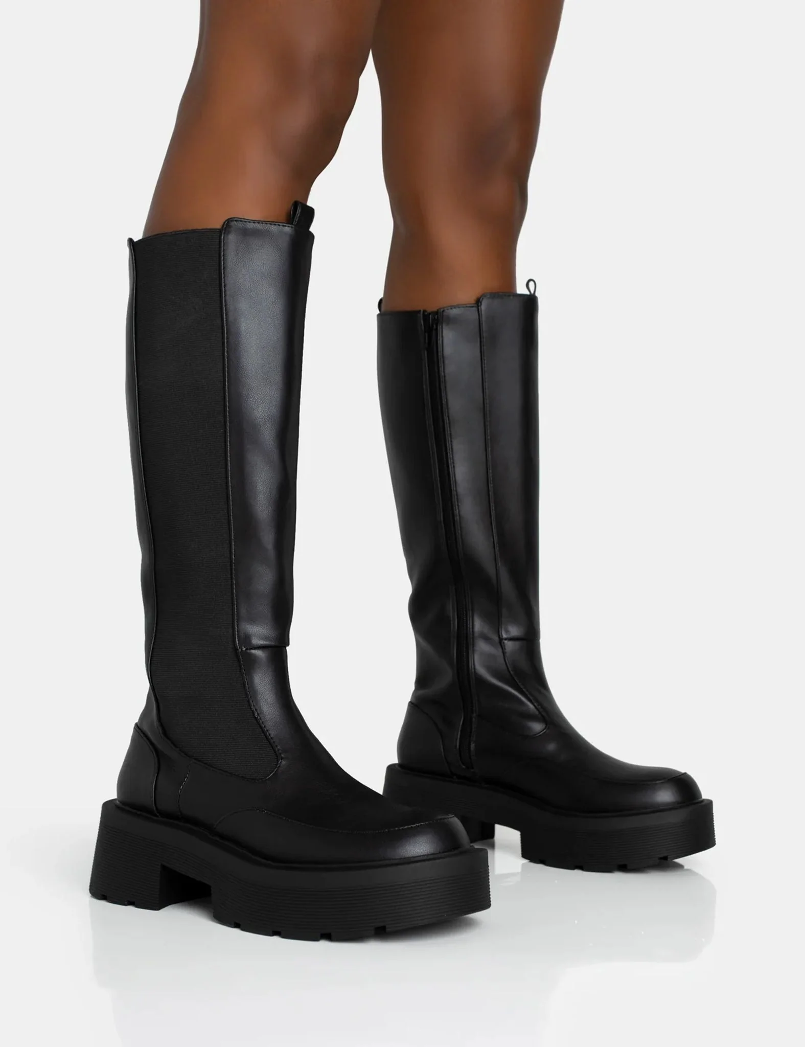 Evergreen Black Pu Wide Fit Knee High Elasticated Detail Chunky Heeled Sole Boots - Image 5