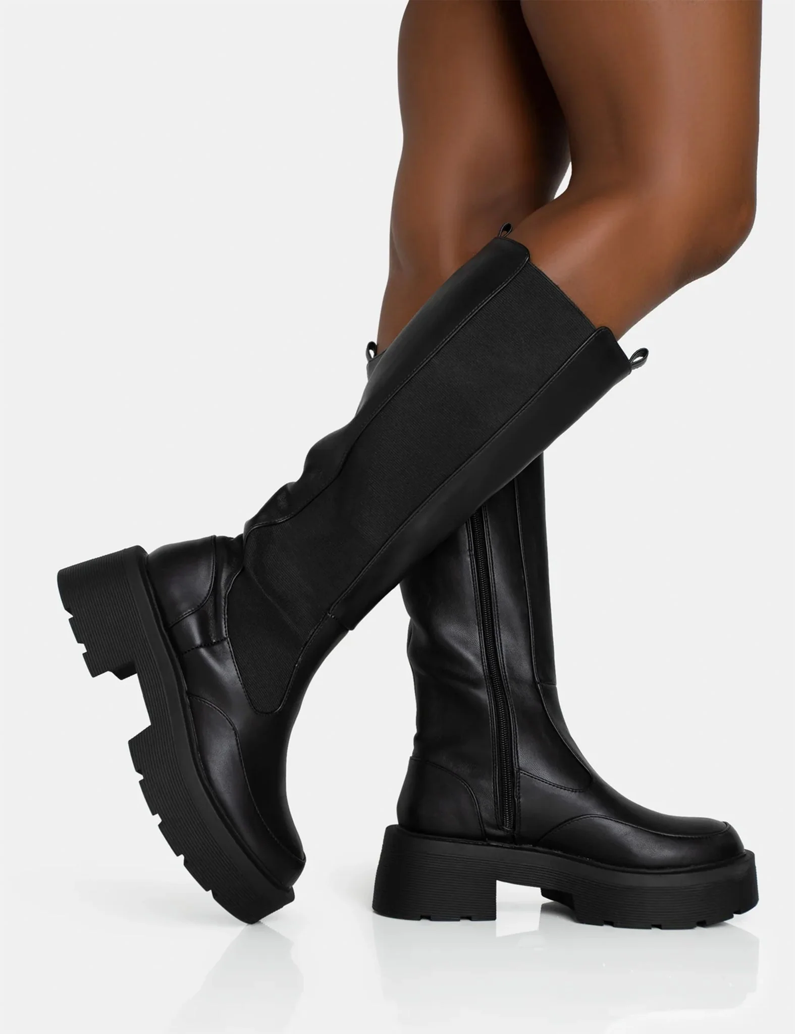 Evergreen Black Pu Wide Fit Knee High Elasticated Detail Chunky Heeled Sole Boots - Image 6