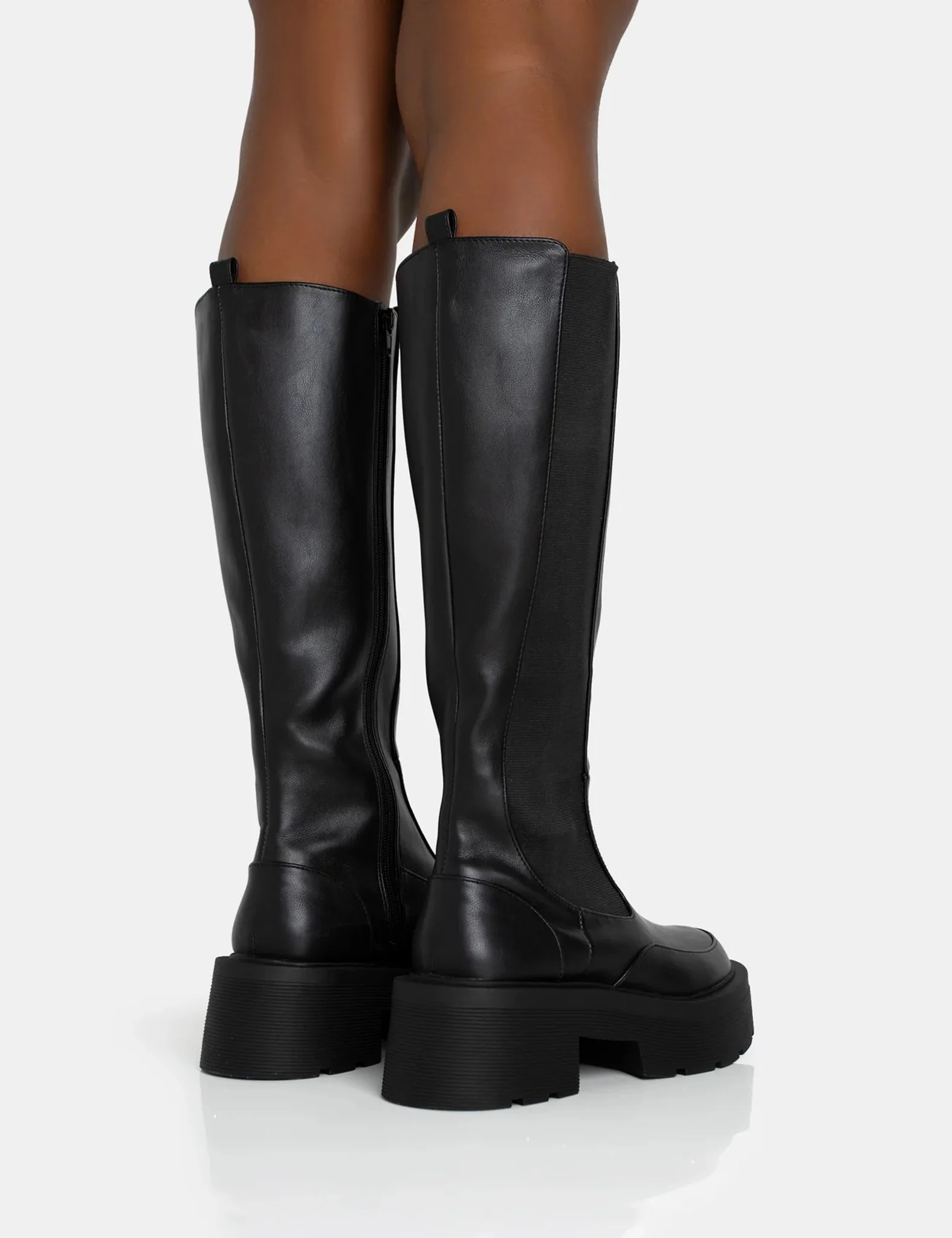 Evergreen Black Pu Wide Fit Knee High Elasticated Detail Chunky Heeled Sole Boots - Image 7