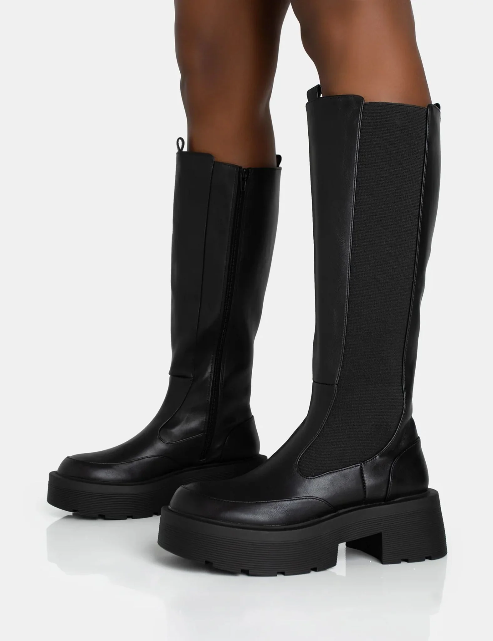 Evergreen Black Pu Wide Fit Knee High Elasticated Detail Chunky Heeled Sole Boots - Image 8