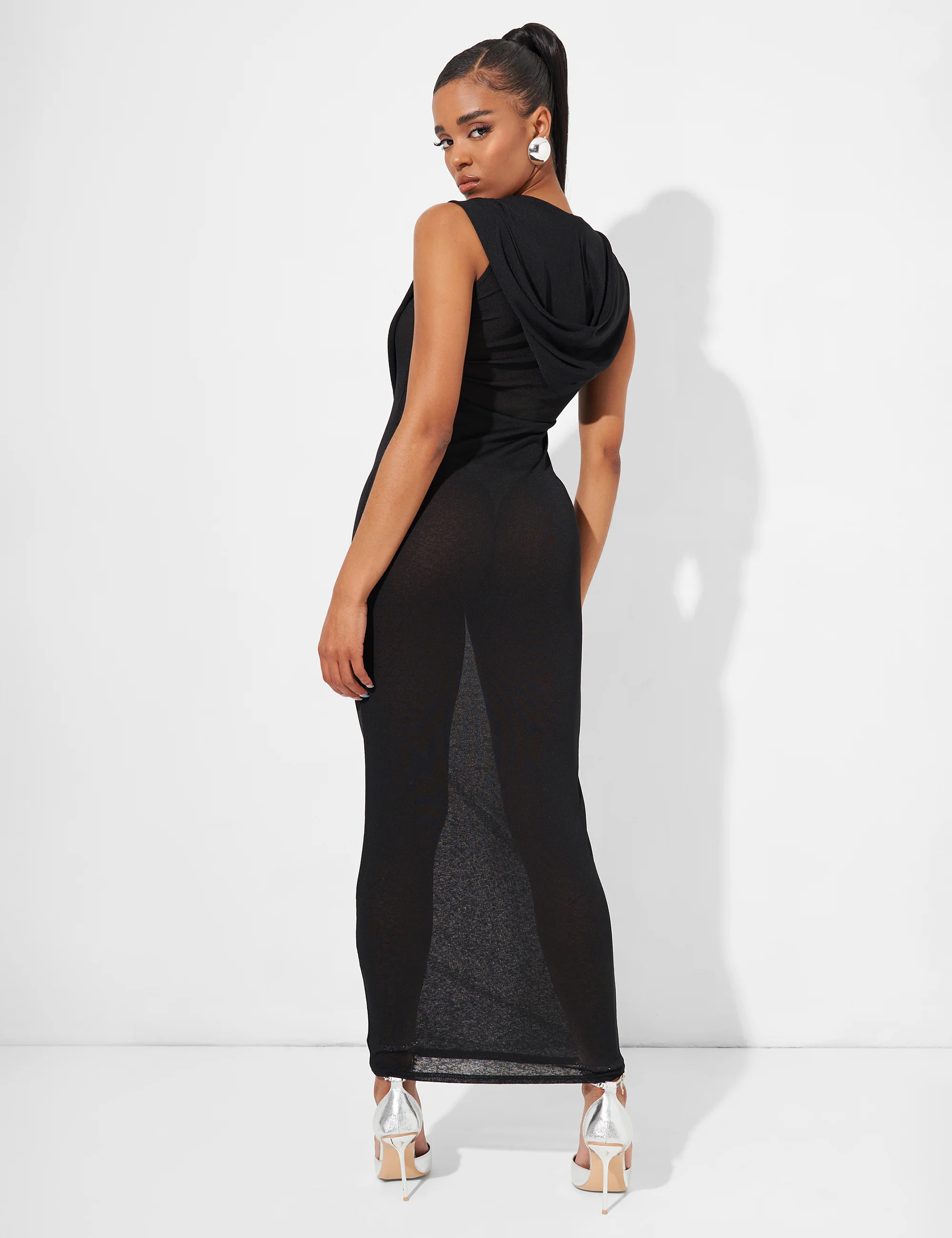 Extreme Dropped Cowl Neck Hooded Midaxi Dress Black - Image 5