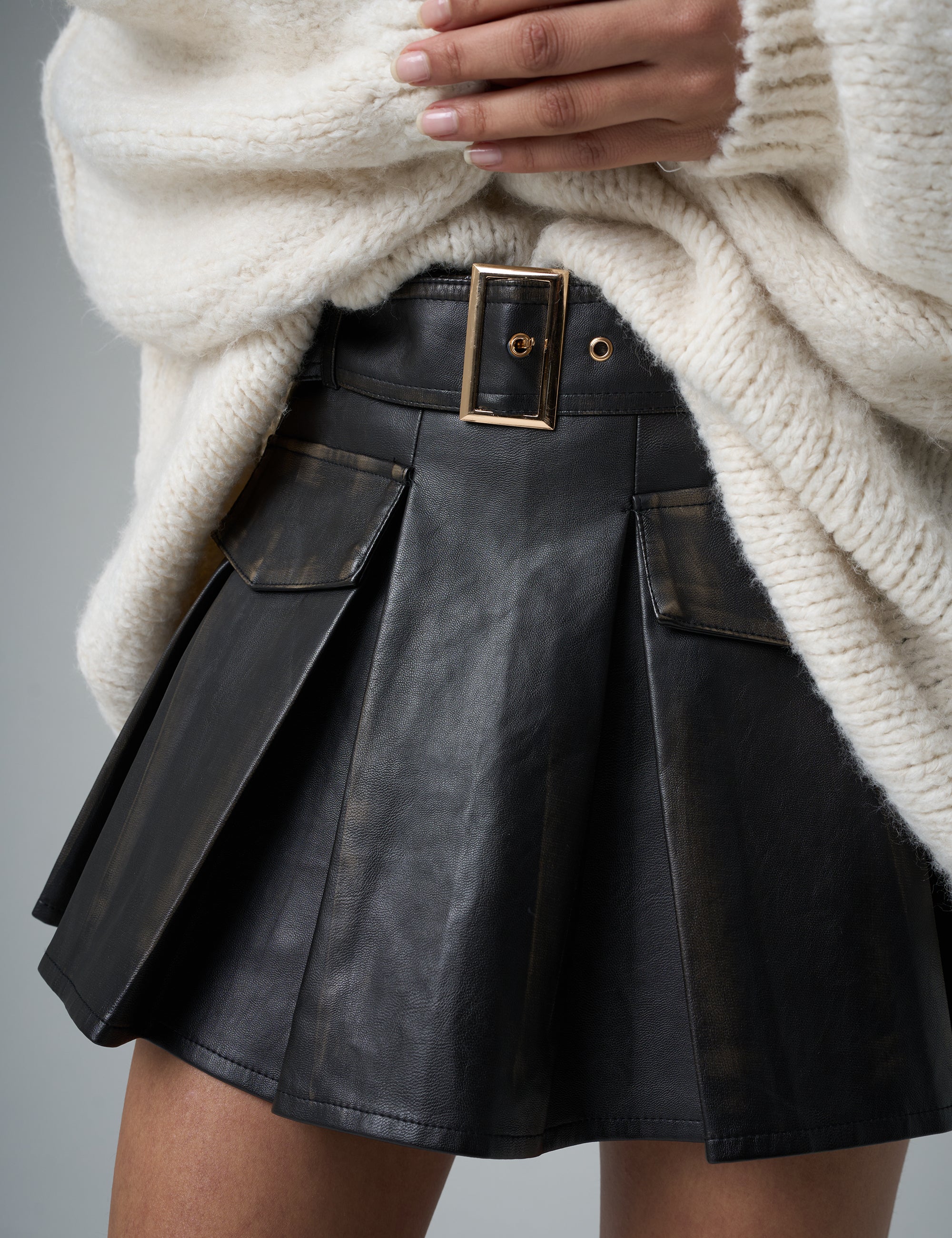 Faux Leather Belted Mini Skort Black - Image 2