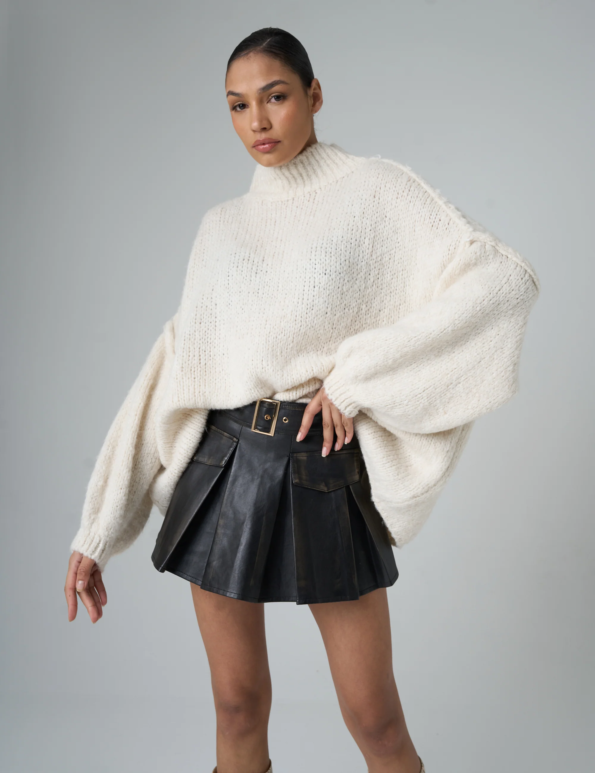Faux Leather Belted Mini Skort Black - Image 3