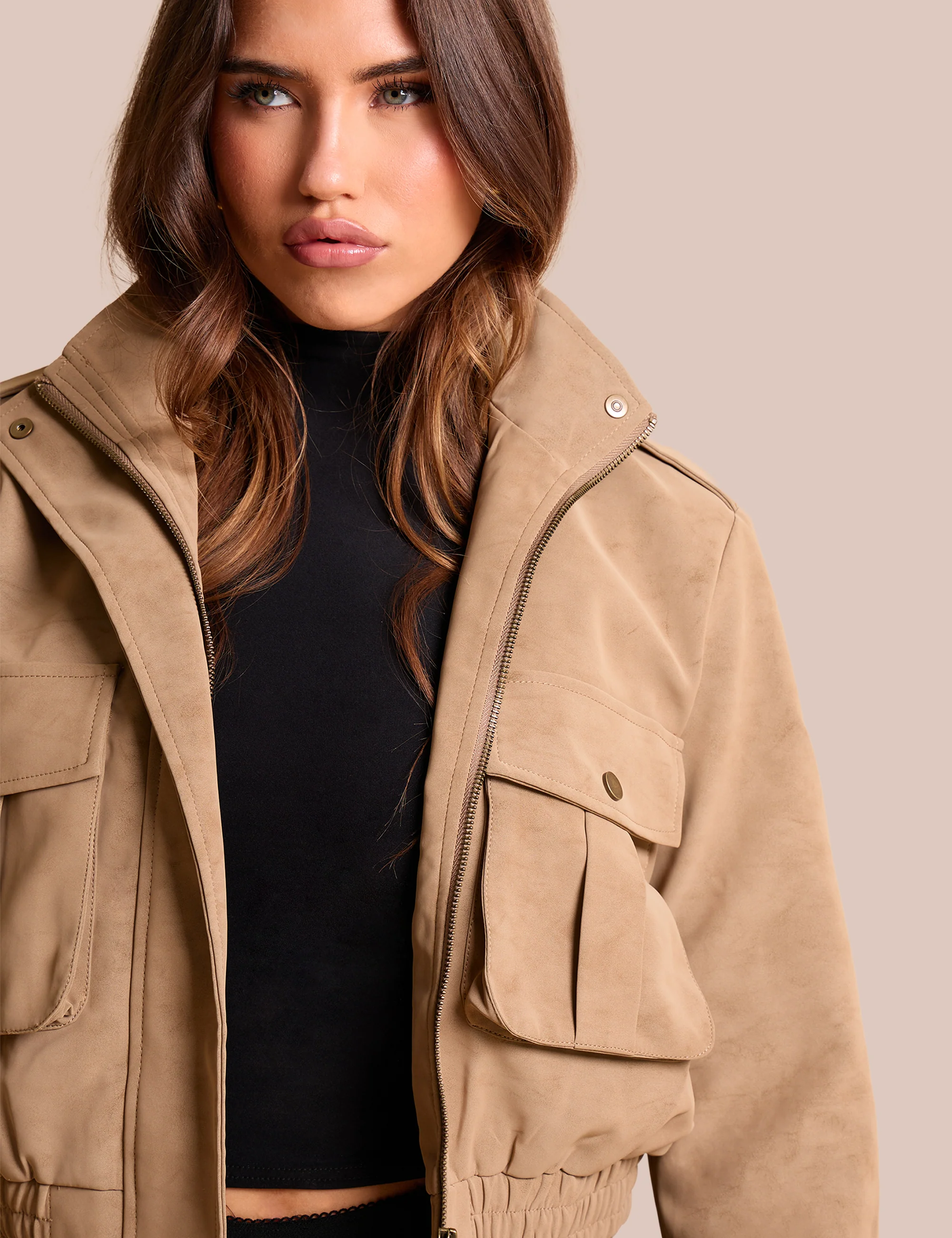 Faux Suede Cropped Bomber Jacket Beige - Image 2