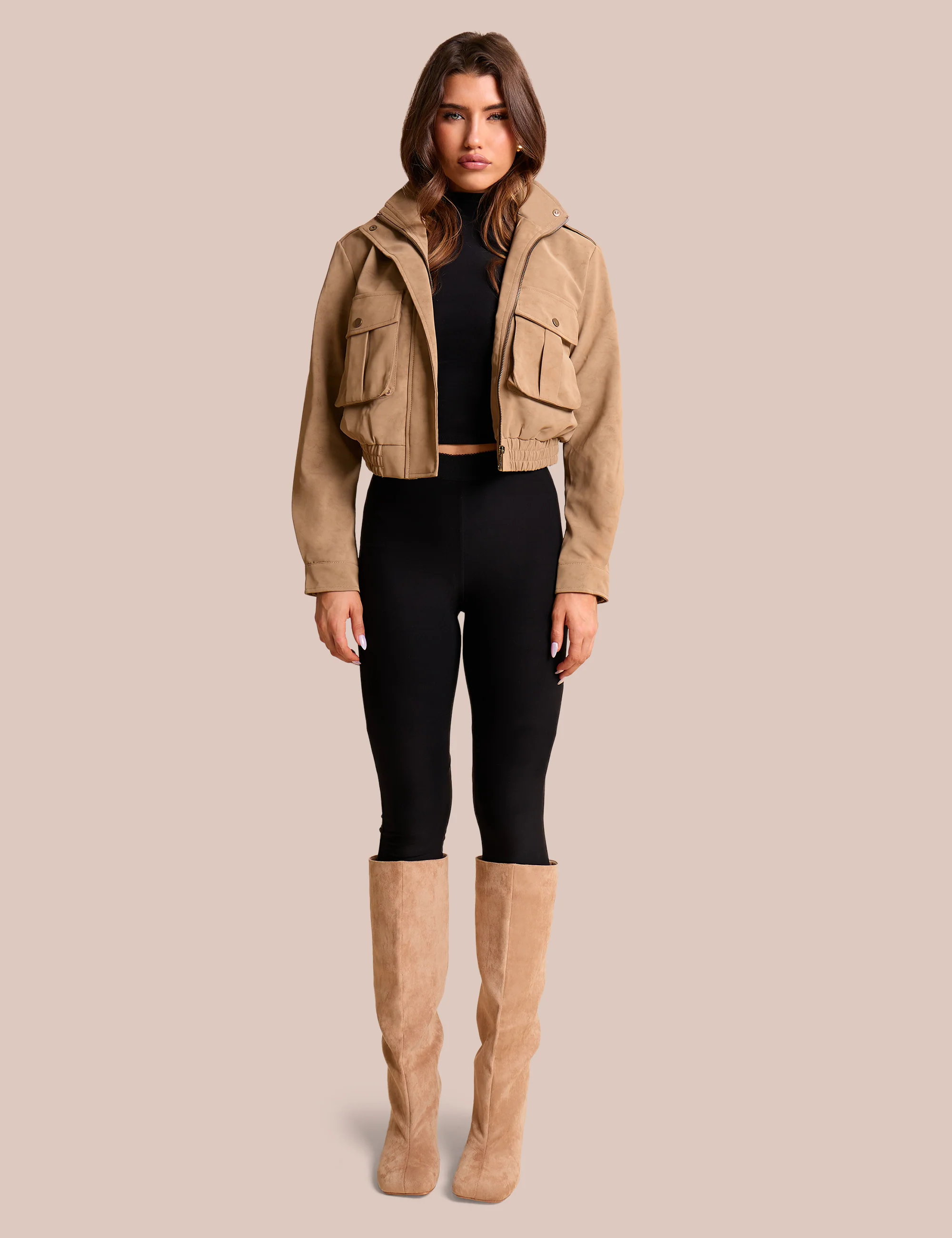 Faux Suede Cropped Bomber Jacket Beige - Image 3