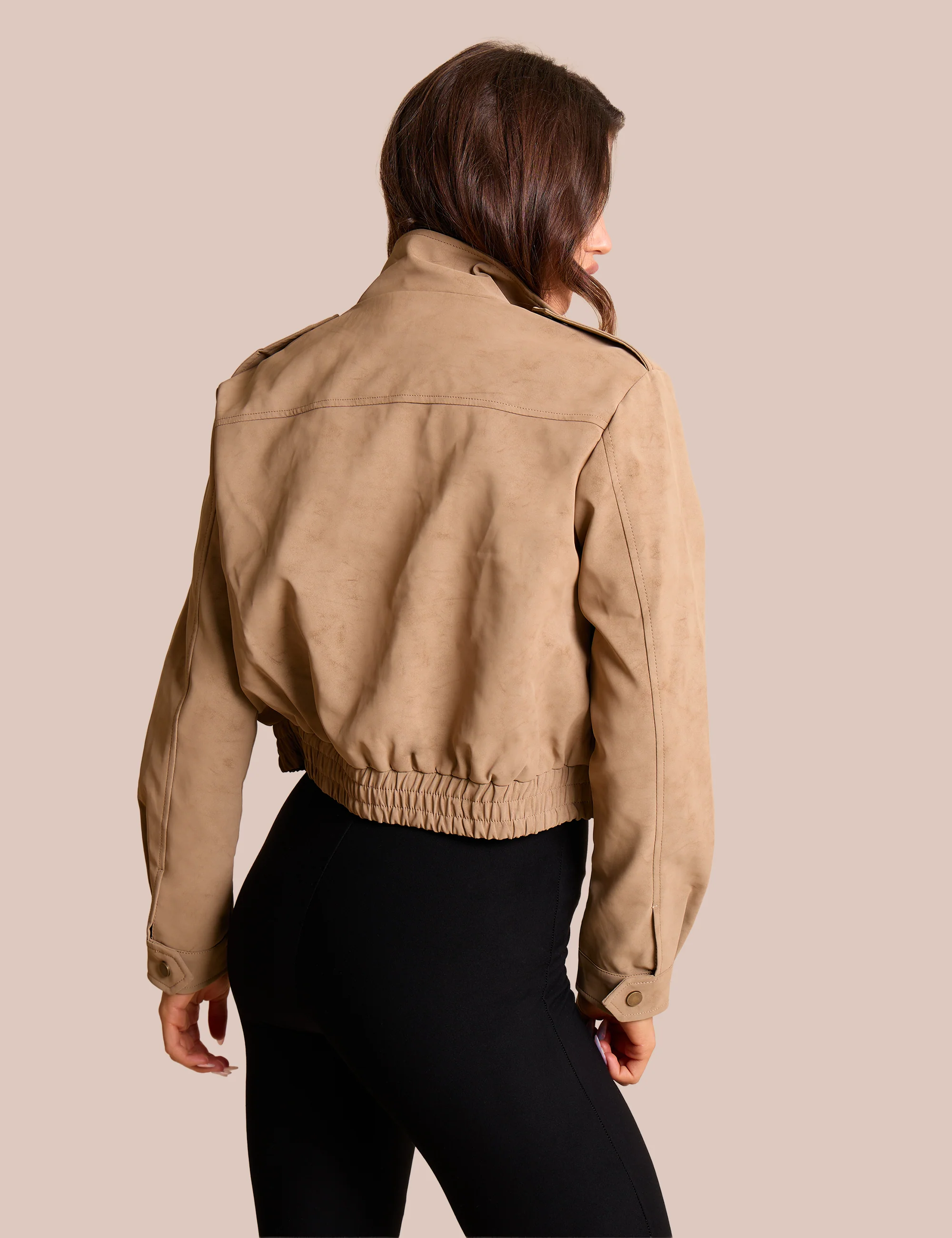 Faux Suede Cropped Bomber Jacket Beige - Image 4