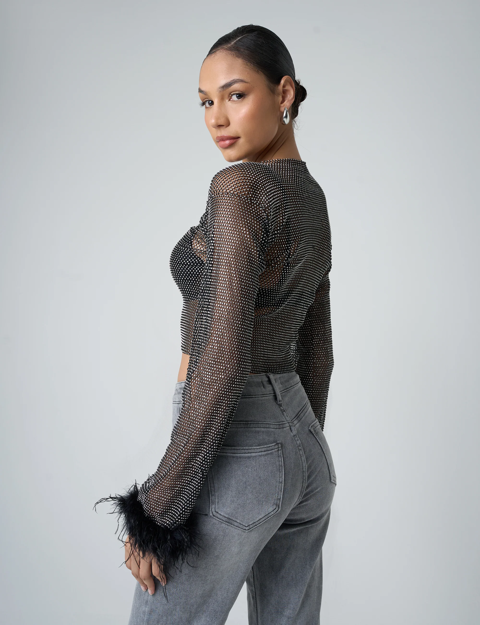 Feather Cuff Detail Diamante Mesh Cropped Top Black - Image 2
