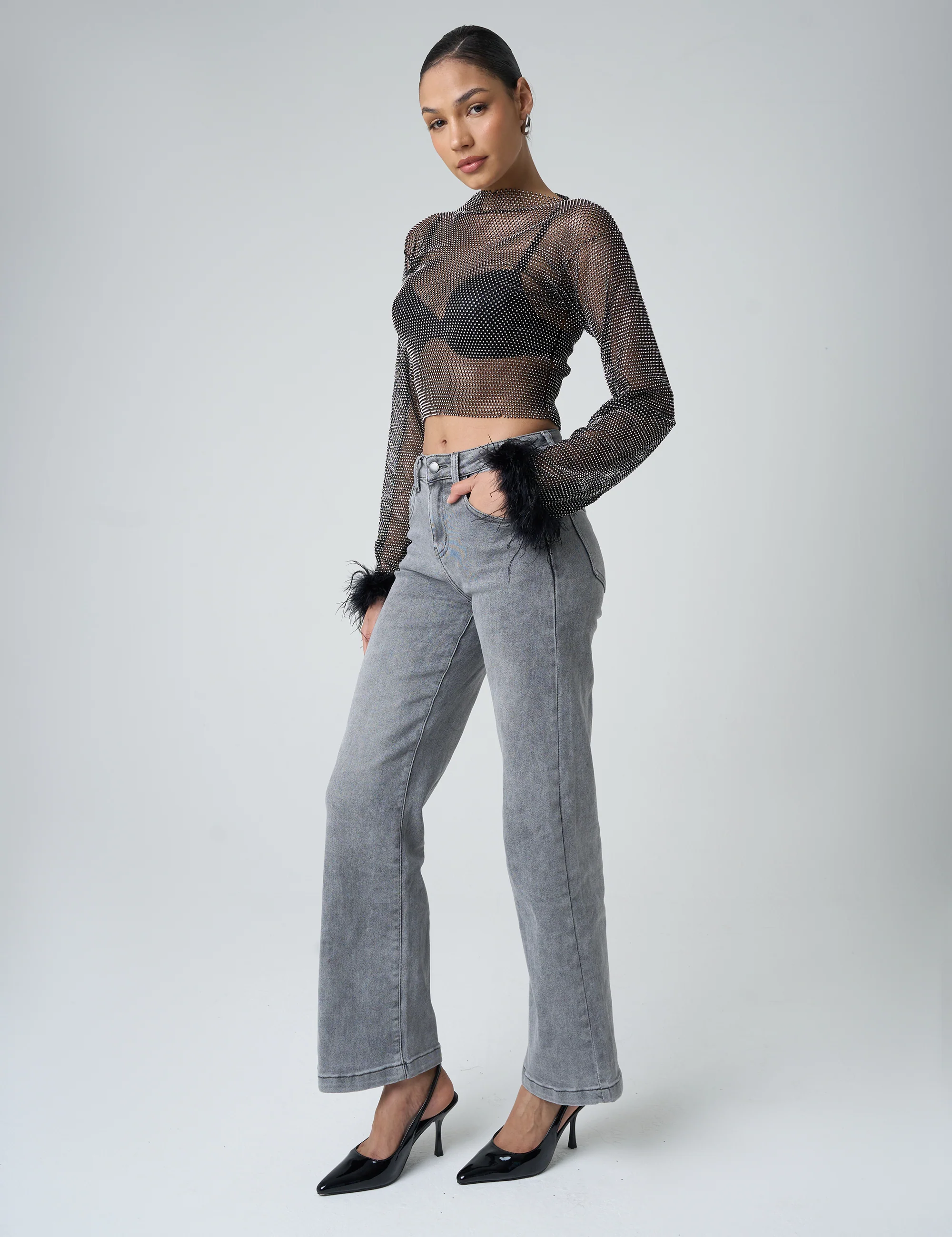 Feather Cuff Detail Diamante Mesh Cropped Top Black - Image 3