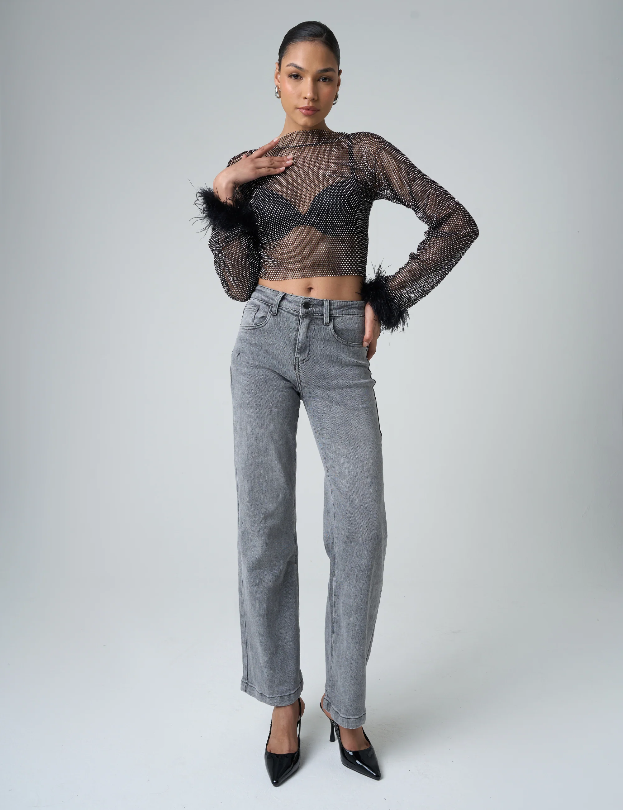 Feather Cuff Detail Diamante Mesh Cropped Top Black - Image 4