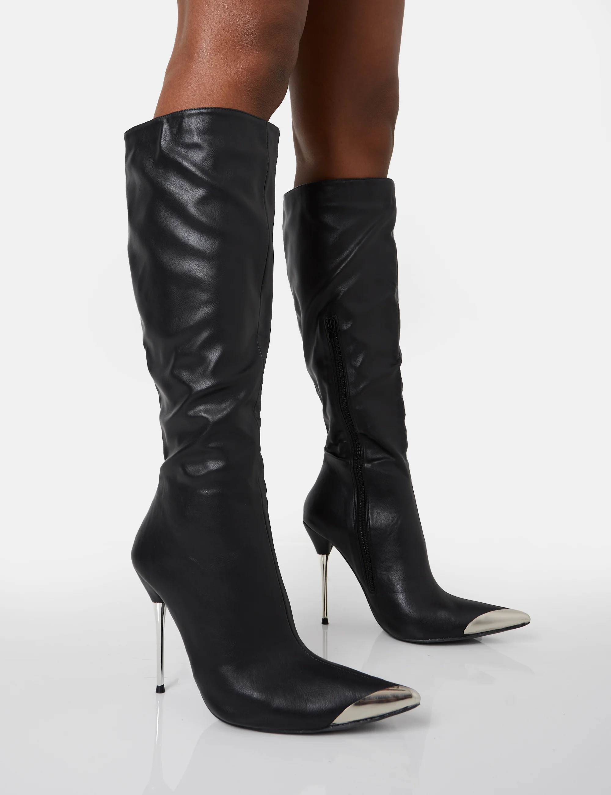 Finery Black Pu Metal Toe Capped Zip Up Knee High Stiletto Boots - Image 5
