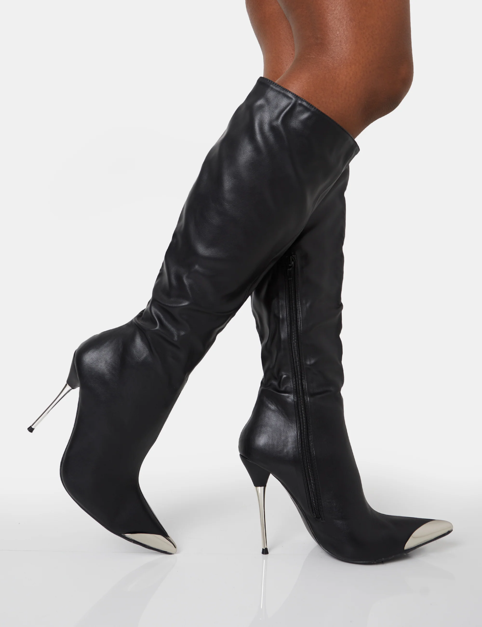 Finery Black Pu Metal Toe Capped Zip Up Knee High Stiletto Boots - Image 6