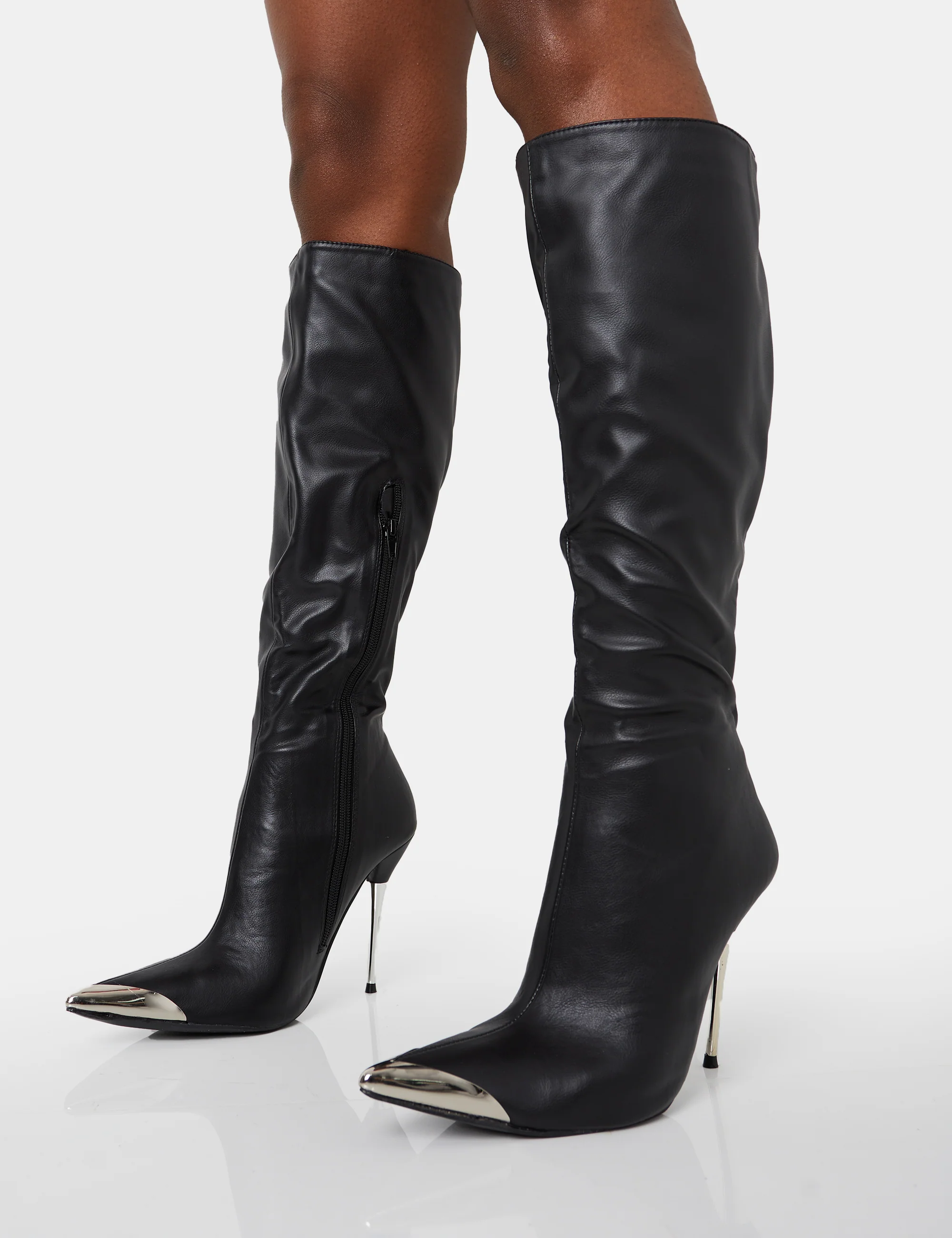 Finery Black Pu Metal Toe Capped Zip Up Knee High Stiletto Boots - Image 7