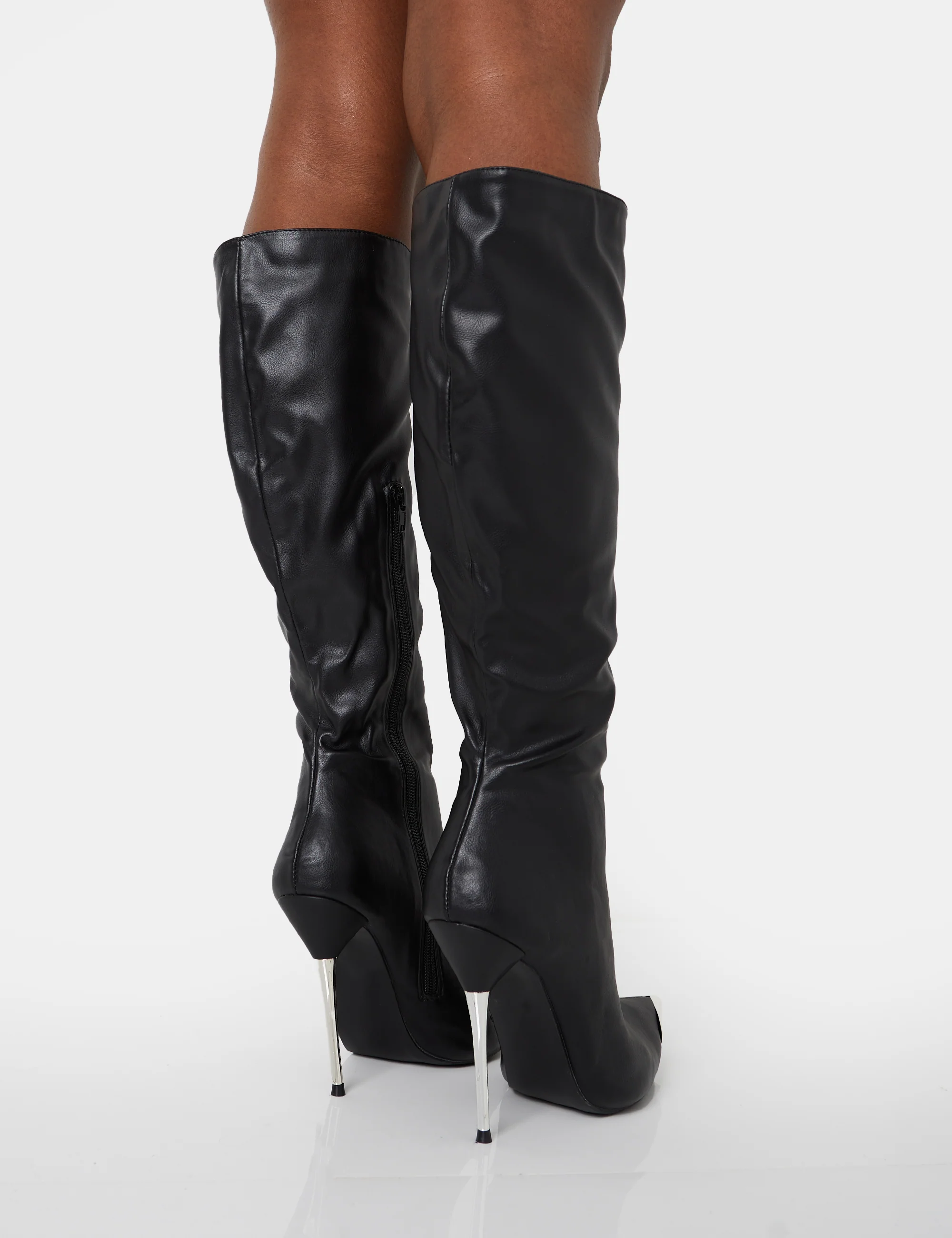 Finery Black Pu Metal Toe Capped Zip Up Knee High Stiletto Boots - Image 8