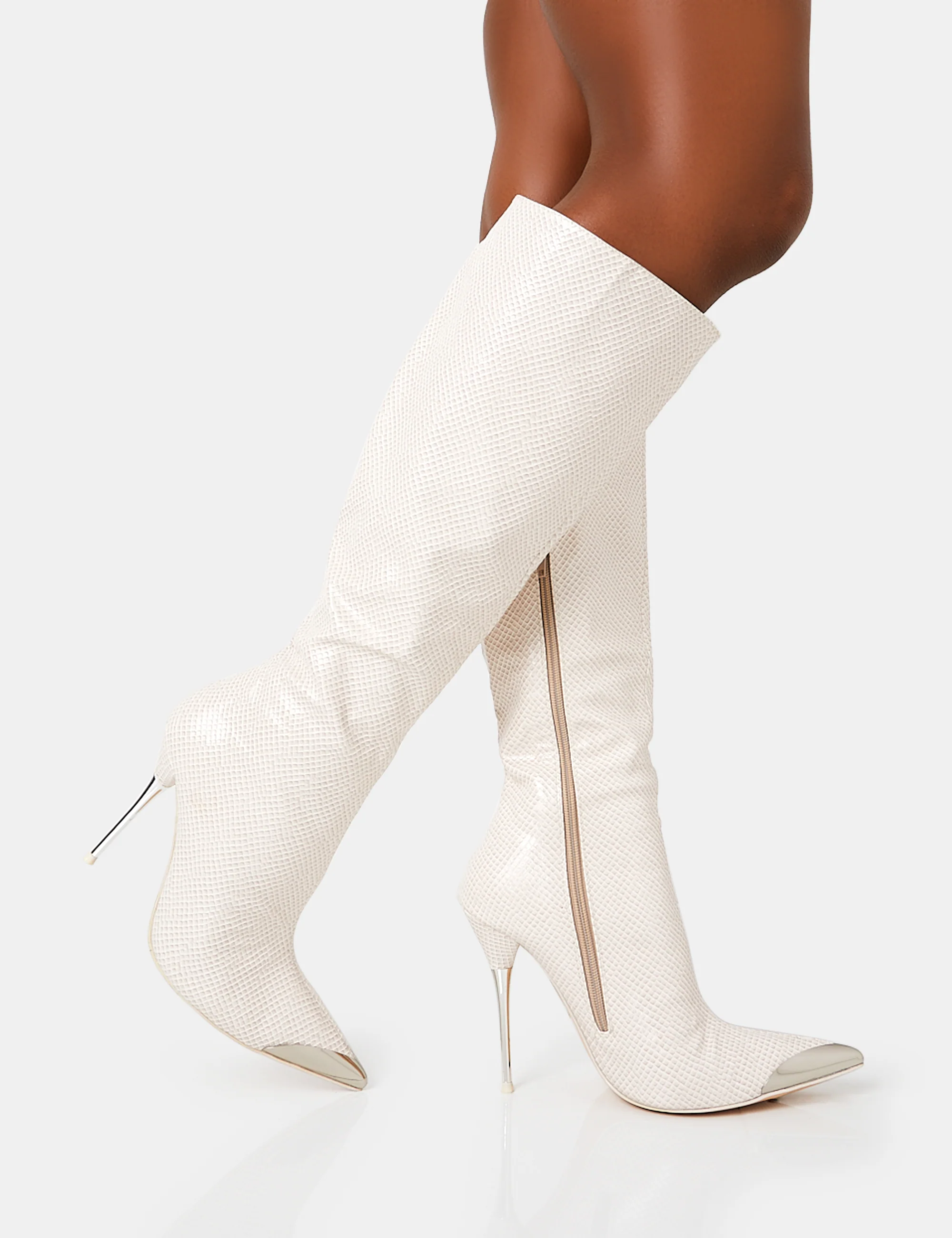 Finery Ecru Croc Metal Toe Capped Zip Up Knee High Stiletto Boots - Image 2