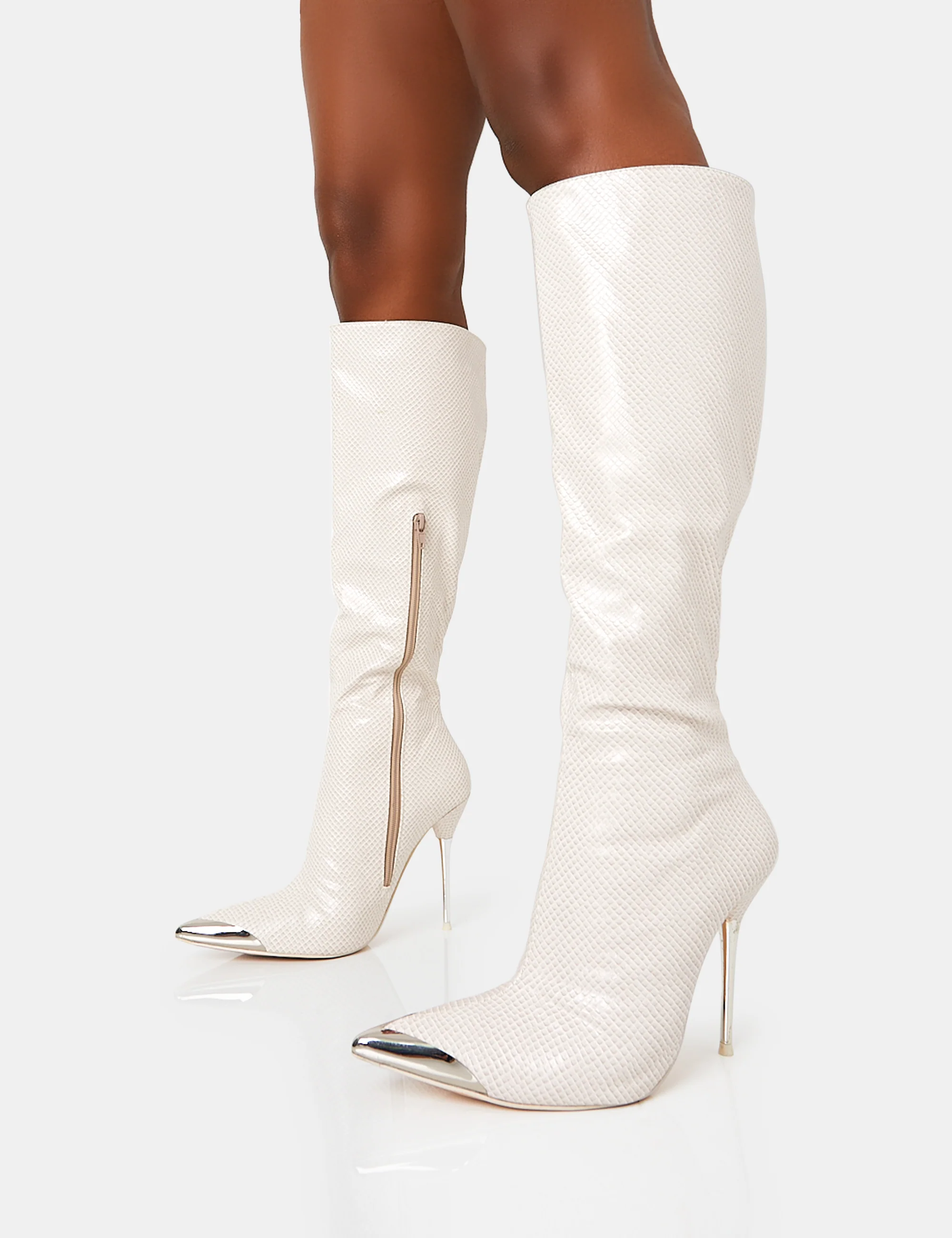 Finery Ecru Croc Metal Toe Capped Zip Up Knee High Stiletto Boots - Image 3